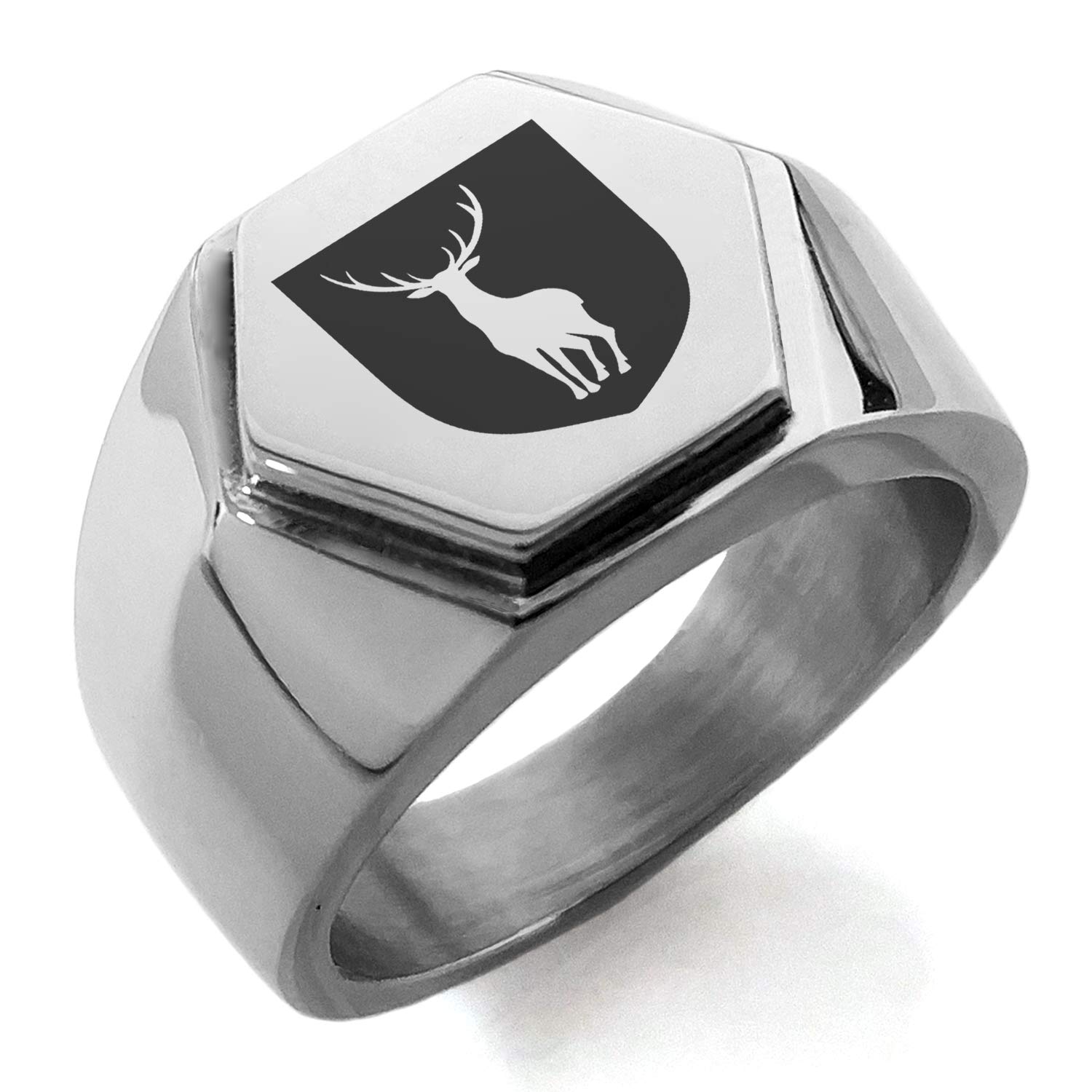 Stainless Steel Stag Coat of Arms Shield Ring - Hexagon Crest Flat Top Biker Style Polished Men's Jewelry - Perfect for Motorcycle Enthusiasts, Medieval Lovers & Gift Giving