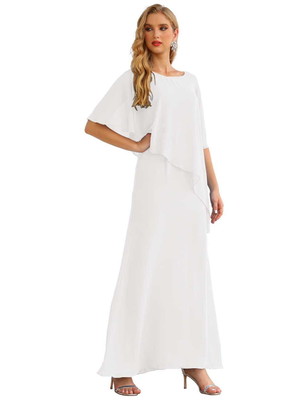 Elegant Chiffon Mother of The Bride Dress with Ruffled Cape - Formal Evening Gown in White Size 18 for Wedding, Special Occasions & Black Tie Events