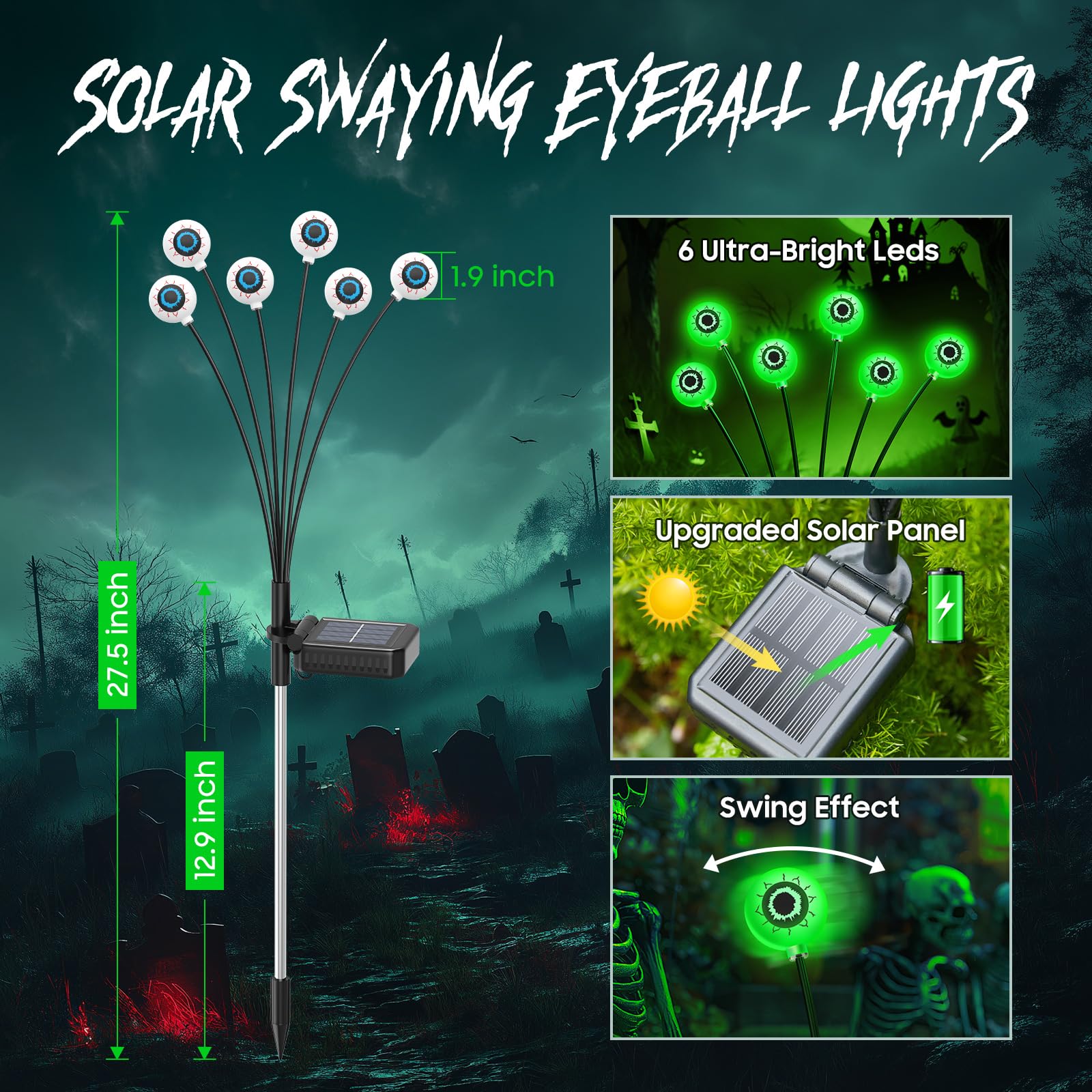 6 Pack Solar Halloween Decorations Outdoor - 36LED Scary Eyeball Lights with Wind Swaying Effect, Waterproof Green Halloween Pathway Lights for Yard, Lawn, Garden - Perfect for Spooky Halloween Party & Trick-or-Treat Decor