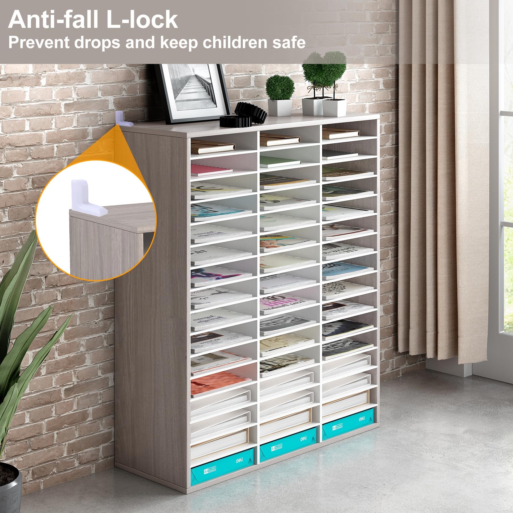 TQVAI Wooden Literature Organizer - 48 Slots Adjustable File & Mail Sorter, Paper Storage Organizer for Office, Classroom, Home - Retro Grey/White - Perfect for Mail Sorting, Document Filing & Desk Organization
