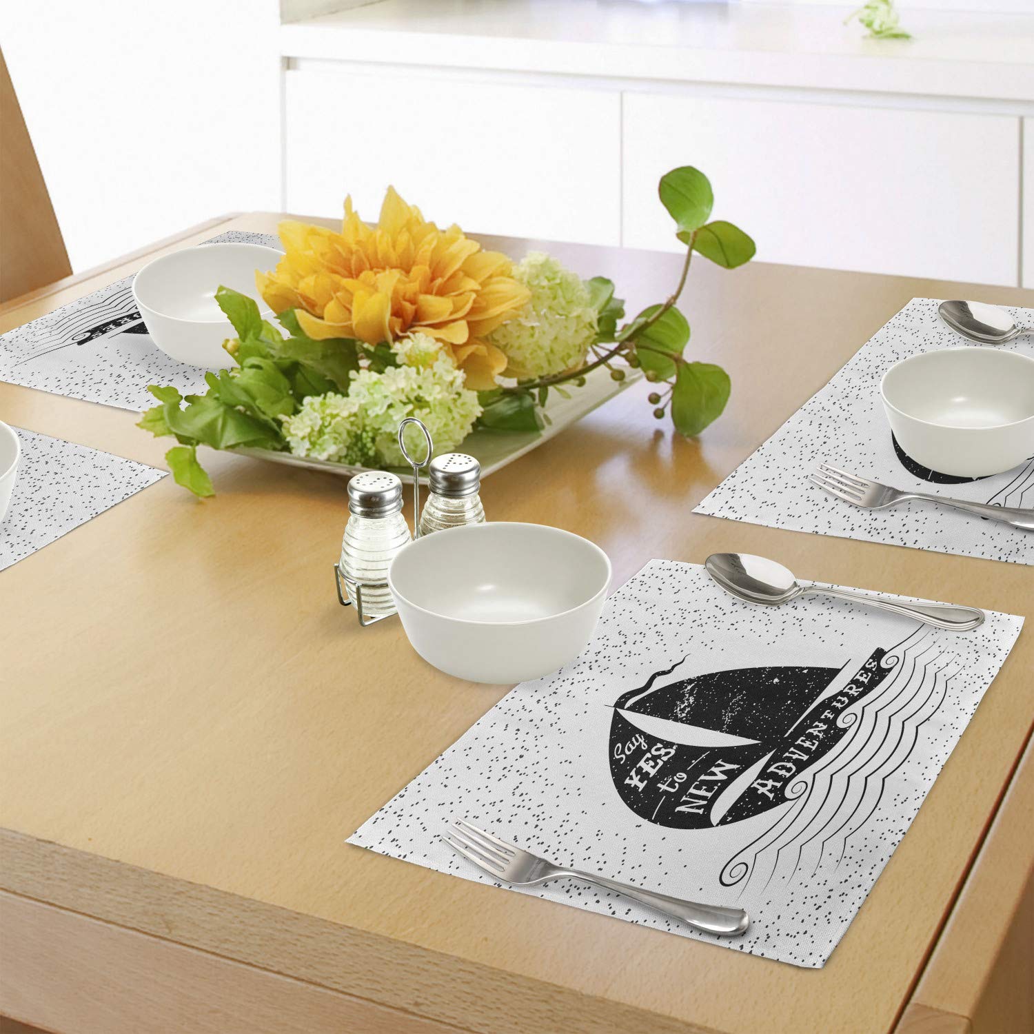 Ambesonne Adventure Place Mats Set of 4 - Nautical Boat Journey Themed Washable Fabric Table Mats for Dining Room & Kitchen Decor in Black & White | Perfect for Beach House, Coastal Theme Parties & Everyday Dining