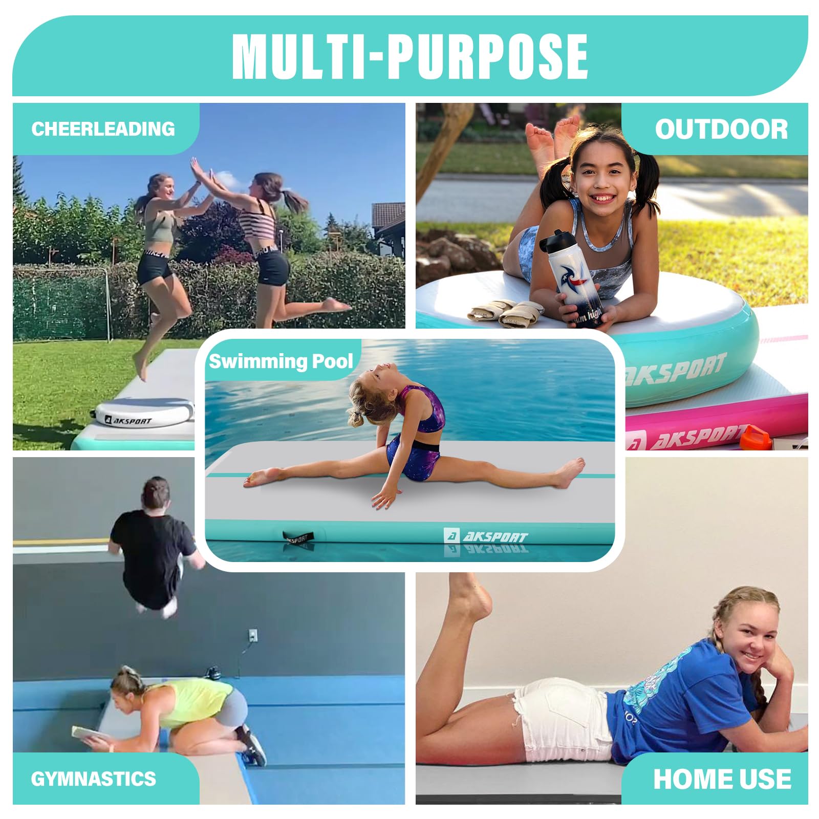 AKSPORT 10ft 13ft 16ft 20ft Inflatable Air Track Mat - Gymnastics Training Mat with Electric Pump for Home, Cheerleading, Tumbling & Parkour | Perfect for Indoor/Outdoor Fitness & Kids Play