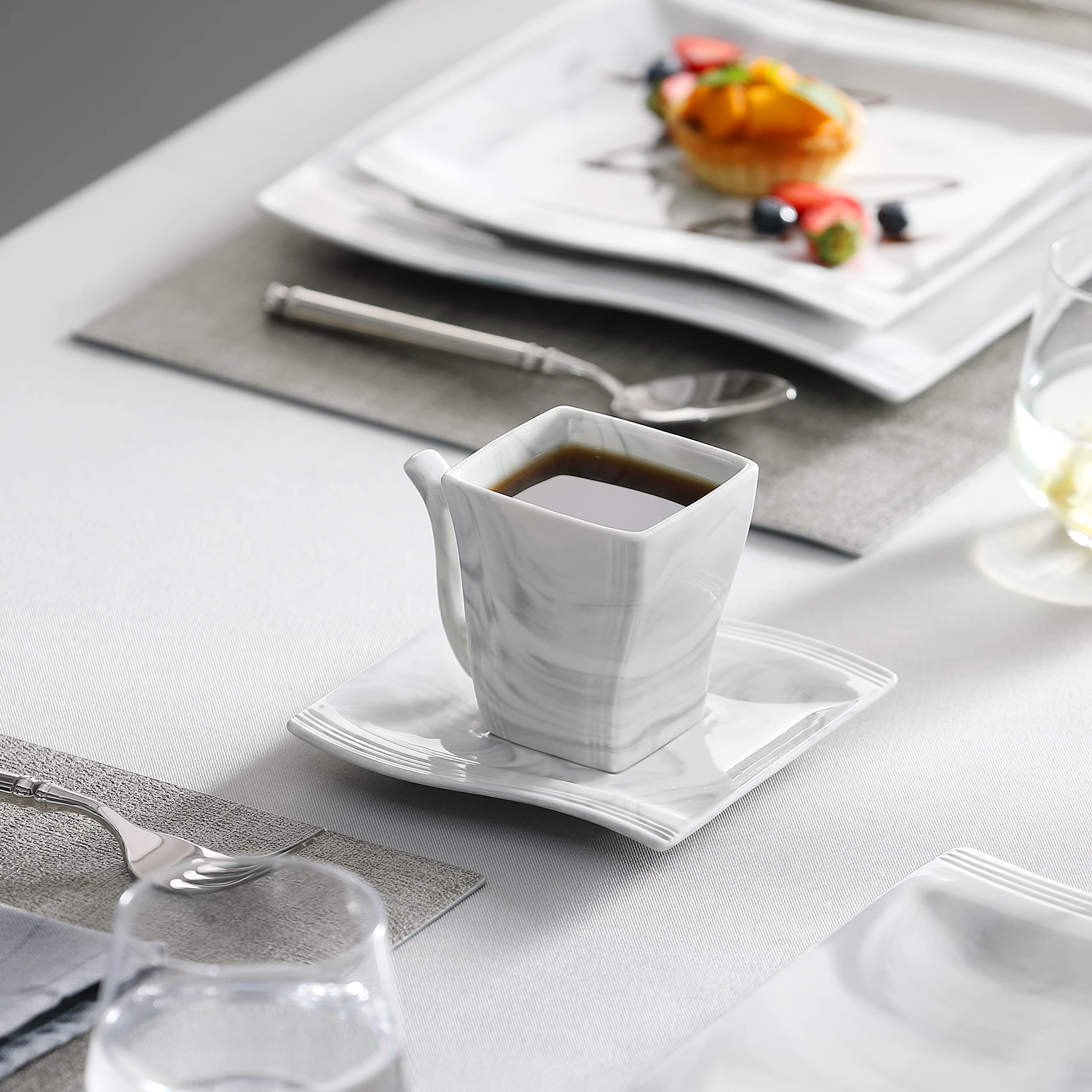 MALACASA 56-Piece Porcelain Dinnerware Set - Modern Square Plates, Bowls, Serving Platters, Cups & Saucers in Marble Grey (Flora Series) - Perfect for Dinner Parties, Family Gatherings & Restaurant Use