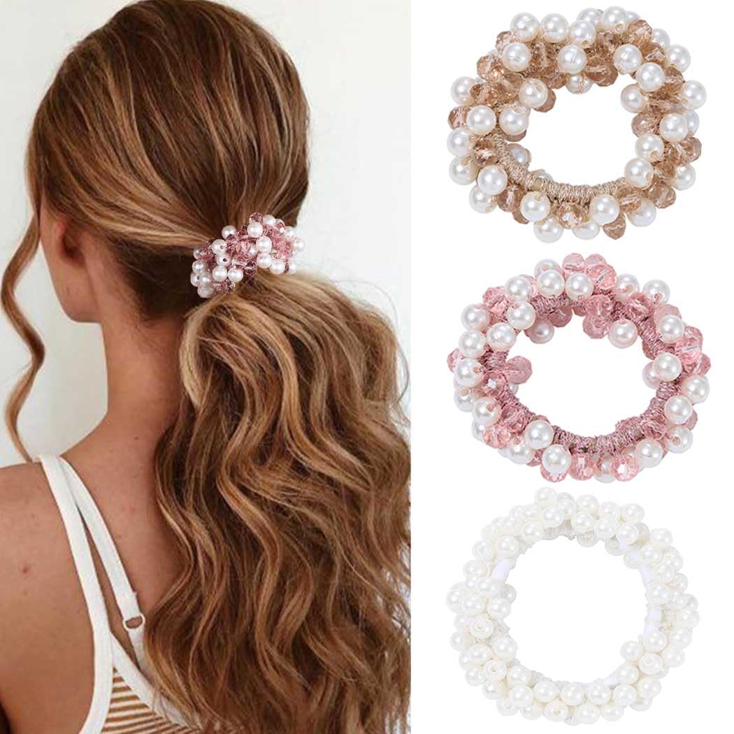 BARTOSI Pearl Hair Ties - Elegant White Beaded Ponytail Holders with Rhinestones | Soft Elastic Hair Scrunchies for Women & Girls (3-Pack) | Perfect for Weddings, Parties & Everyday Hairstyles