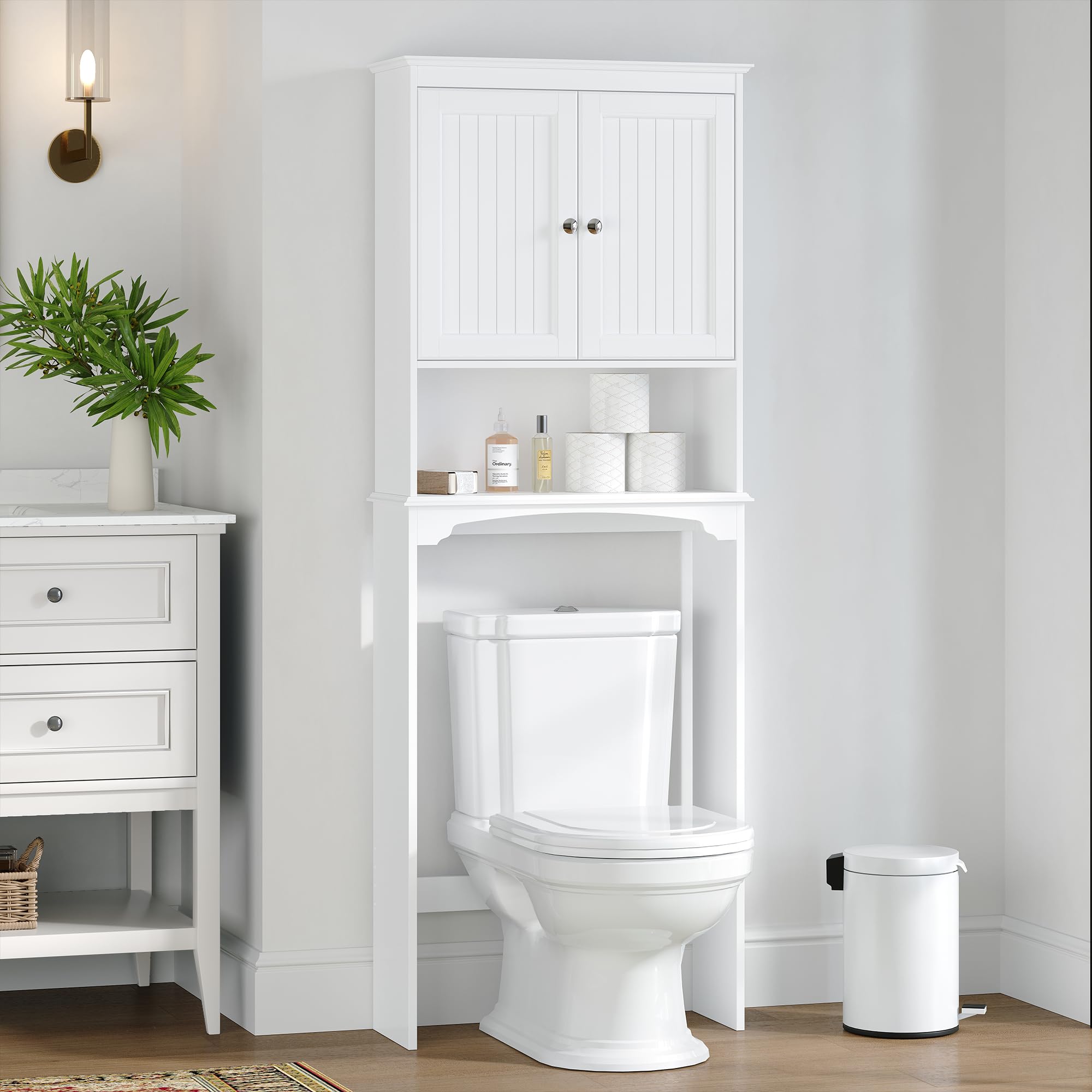 White Over The Toilet Storage Cabinet - Bathroom Shelf Organizer with 3-Tier Space Saving Design for Towels, Toiletries & Decor - Perfect for Small Bathrooms, Apartments & Powder Rooms