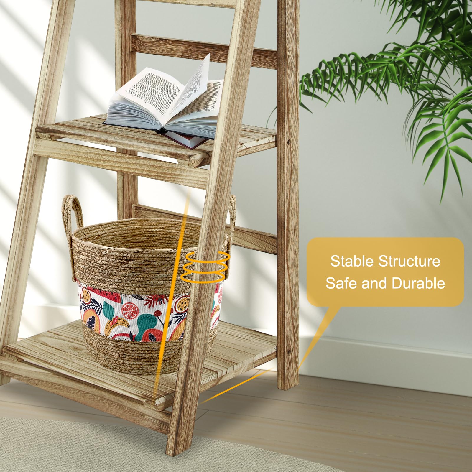 ECOMEX 4-Tier Wooden Ladder Shelf - Rustic Style Folding Bookshelf & Plant Stand for Indoor Decor, Living Room, Bedroom, or Office | Perfect for Displaying Books, Plants, and Decorative Items