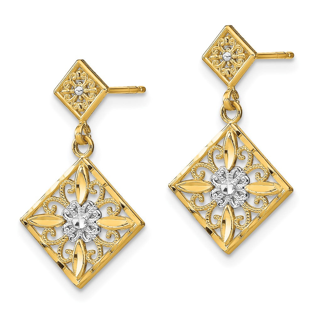 Gold Diamond Cut Square Filigree Dangle Earrings TE934 - Elegant Vintage Jewelry for Women, Perfect for Weddings, Parties & Special Occasions