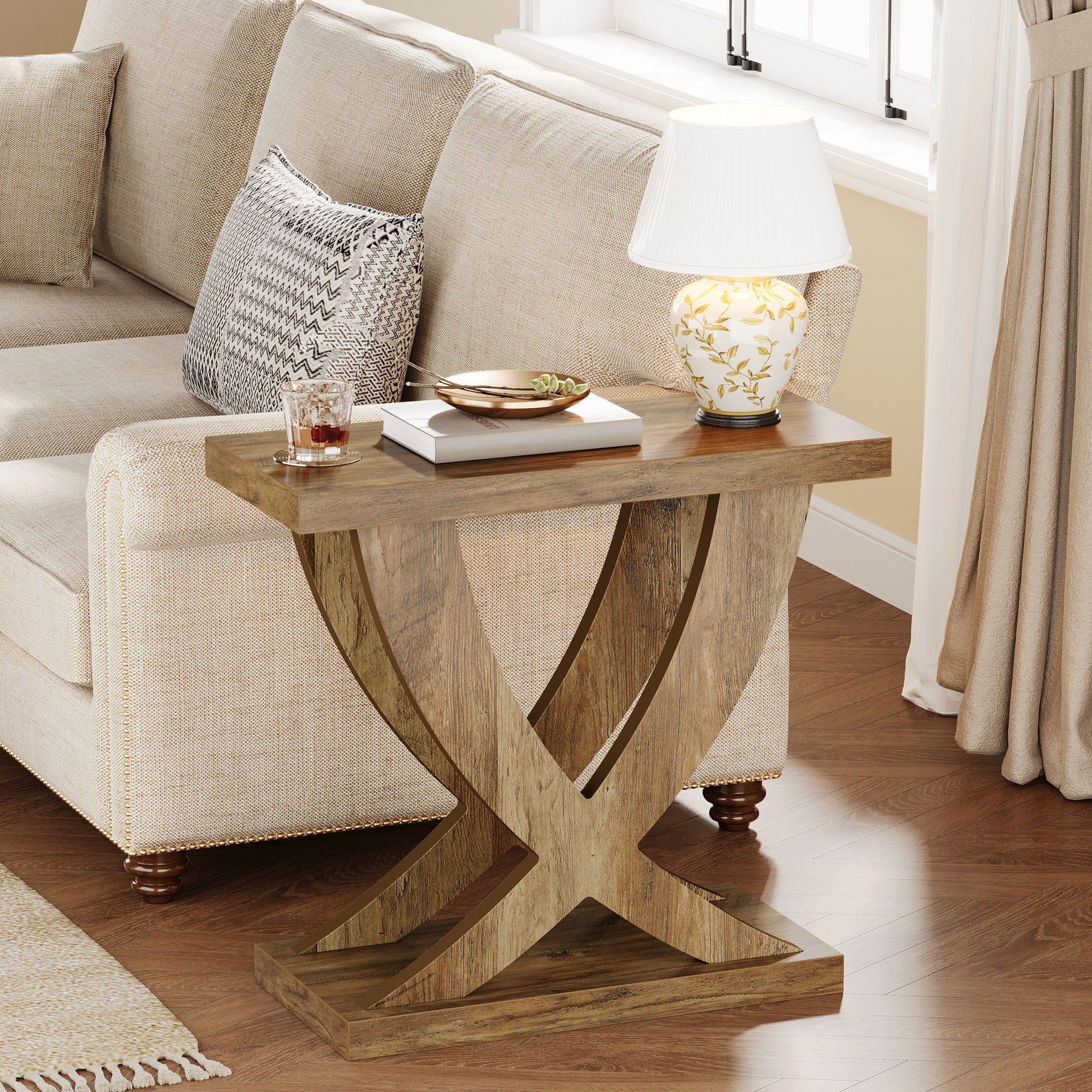 Rustic Wooden End Table with Cross Fishtail Support - Farmhouse Style Nightstand or Side Table for Bedroom, Living Room & Office Decor