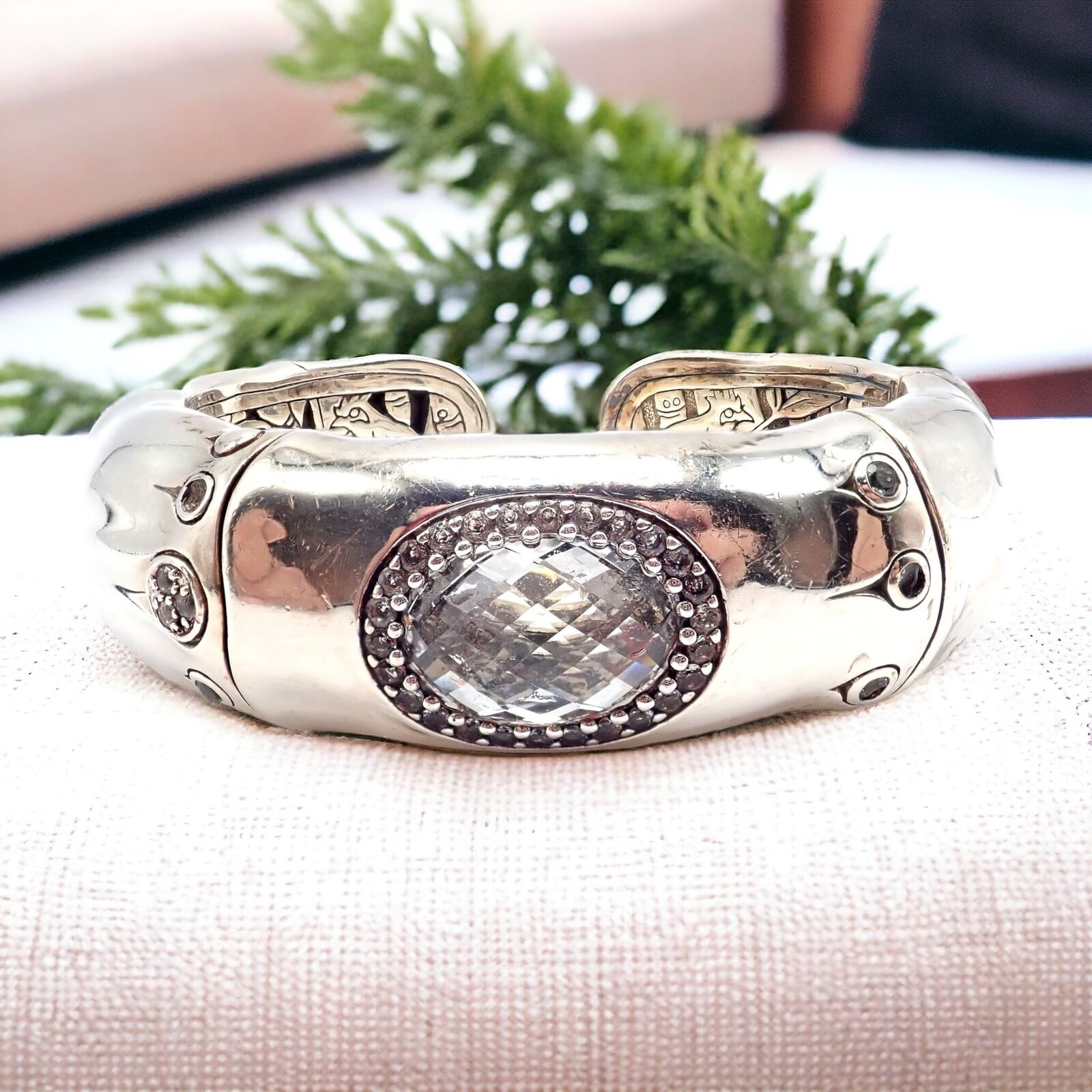 Authentic John Hardy Sterling Silver White Topaz 30 Bamboo Large Cuff Bracelet for Women - Elegant Statement Jewelry for Parties, Weddings & Special Occasions