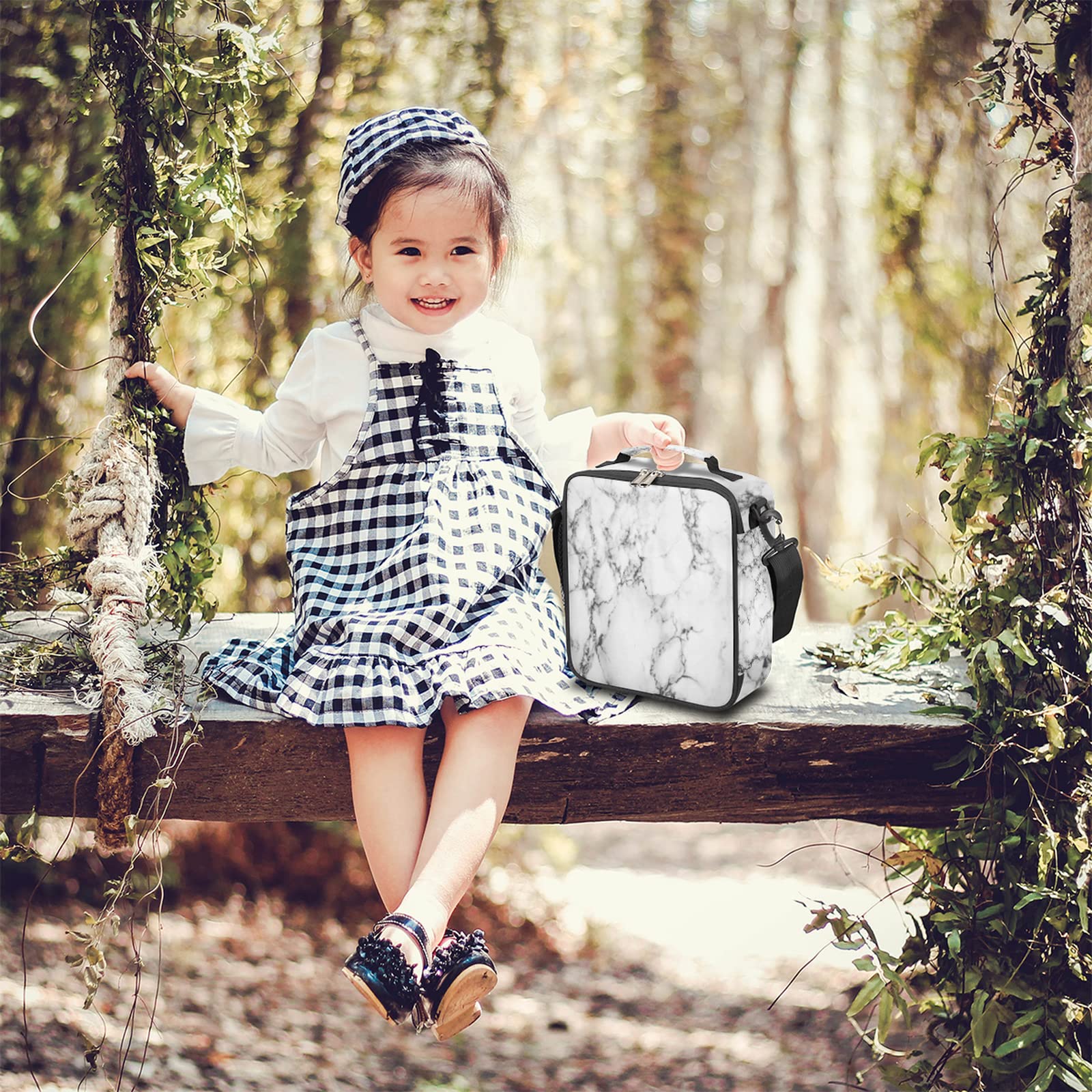 AUUXVA Insulated Lunch Bag - Geometric Grey Marble Neoprene Lunch Box with Zipper for Adults & Kids | Perfect for School, Work, Picnics, Camping & Travel