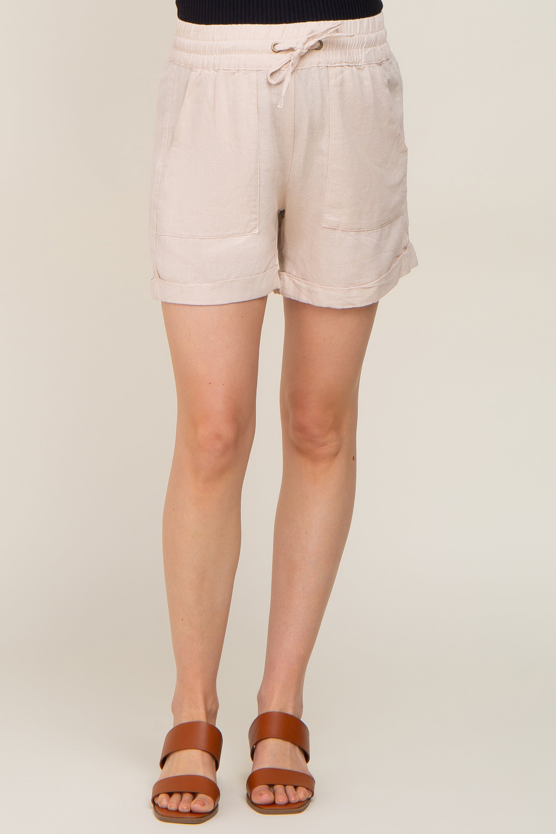 Beige Maternity Shorts with Drawstring Waist & Cuffed Hem - Comfortable Pregnancy Shorts for Summer, Lounge & Outdoor Activities