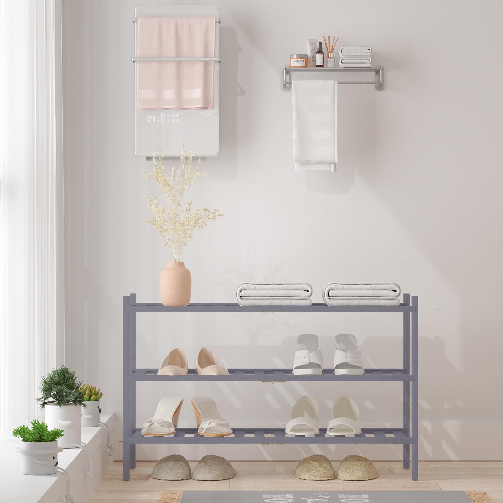 3-Tier Bamboo Shoe Rack Organizer - Free Standing Wooden Shoe Shelf for Closet, Entryway & Small Spaces - Stackable Storage Solution in Gray - Perfect for Apartment, Dorm & Home Organization