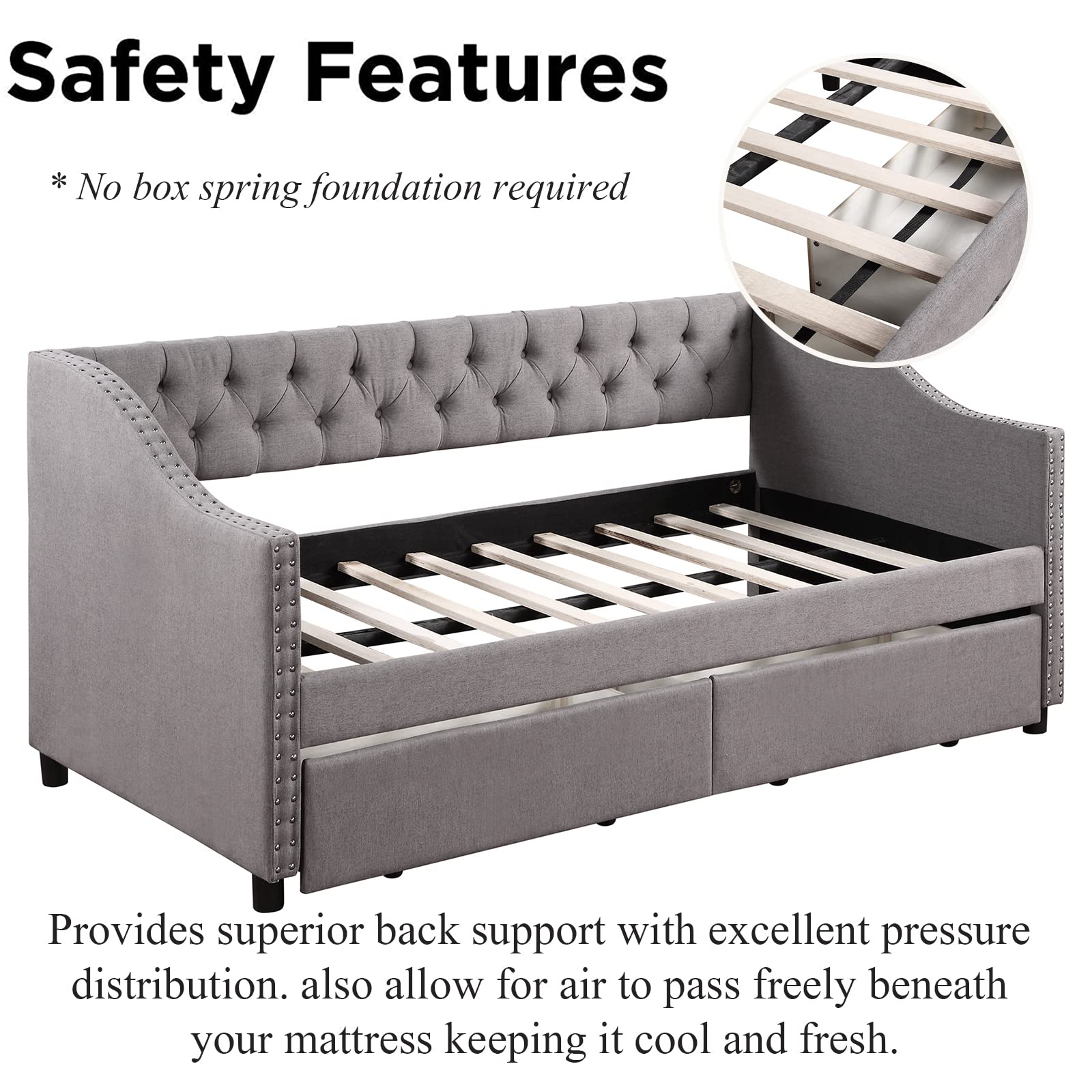 Modern Upholstered Daybed with Storage | Wood Twin Daybed with Drawers | Tufted Sofa Bed with Nailhead Trim for Living Room & Bedroom (Grey) | Perfect for Guest Rooms, Small Spaces & Multi-Functional Furniture Needs