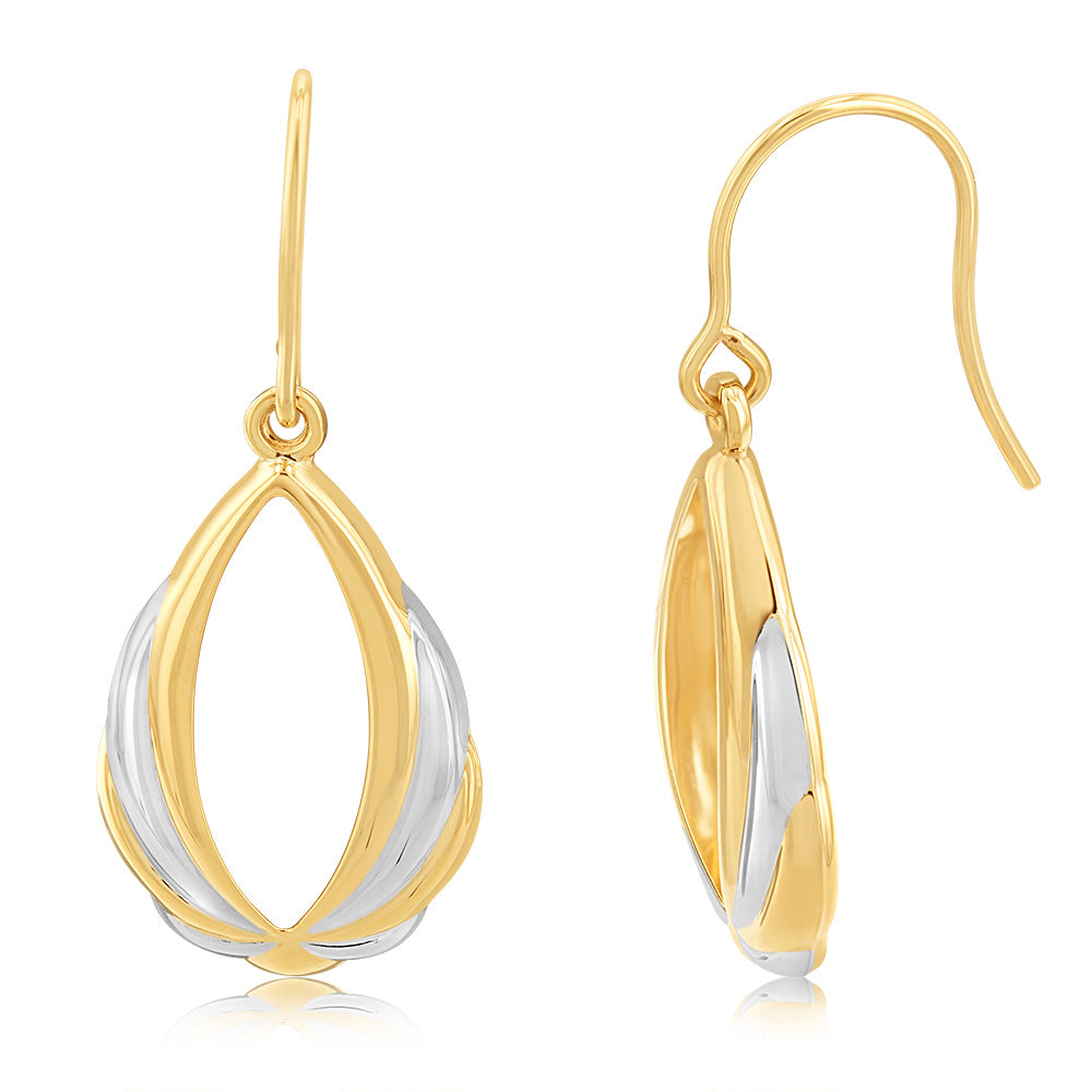 9ct Yellow and White Gold Twisted Pear Shaped Drop Earrings for Women - Elegant Dangle Jewelry for Parties, Weddings & Special Occasions