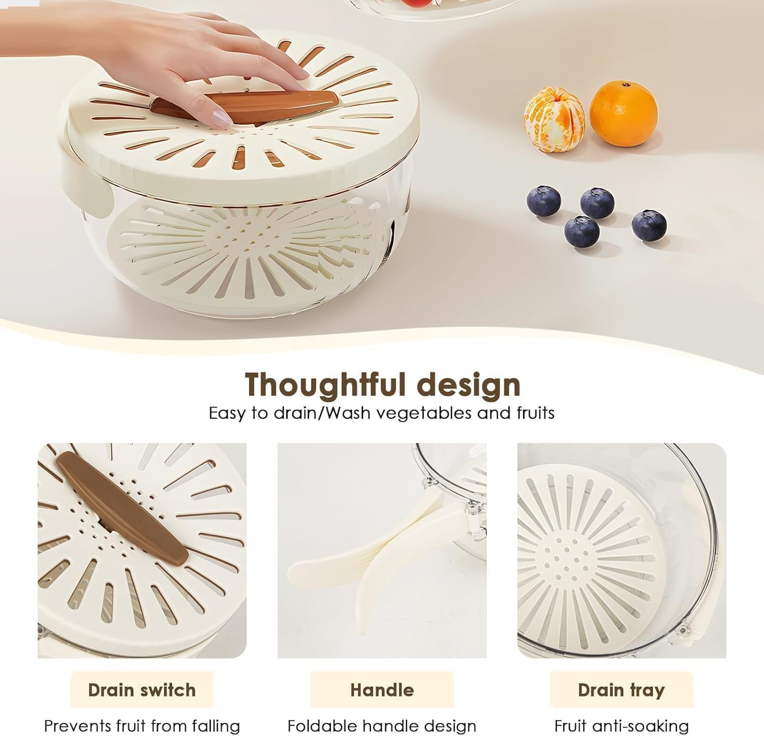 2-in-1 Multifunctional Fruit and Vegetable Washing Bowl with Drainer & Strainer - White Kitchen Colander for Fresh Produce Cleaning (Set of 2) - Perfect for Washing Berries, Salads, and Meal Prep
