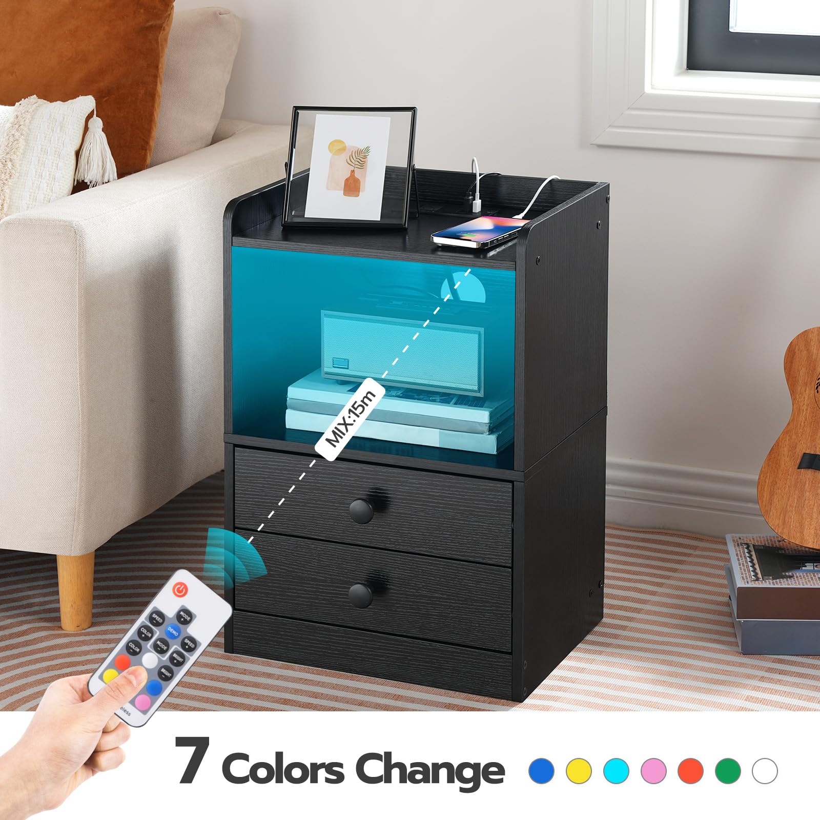 HOOBRO Modern Nightstand with Charging Station & LED Lights - 2-Drawer Bedside Table with USB Ports & Outlets - Black End Table for Bedroom (BK28UDBZ01) | Perfect for Small Spaces, Apartment Living & Contemporary Home Decor
