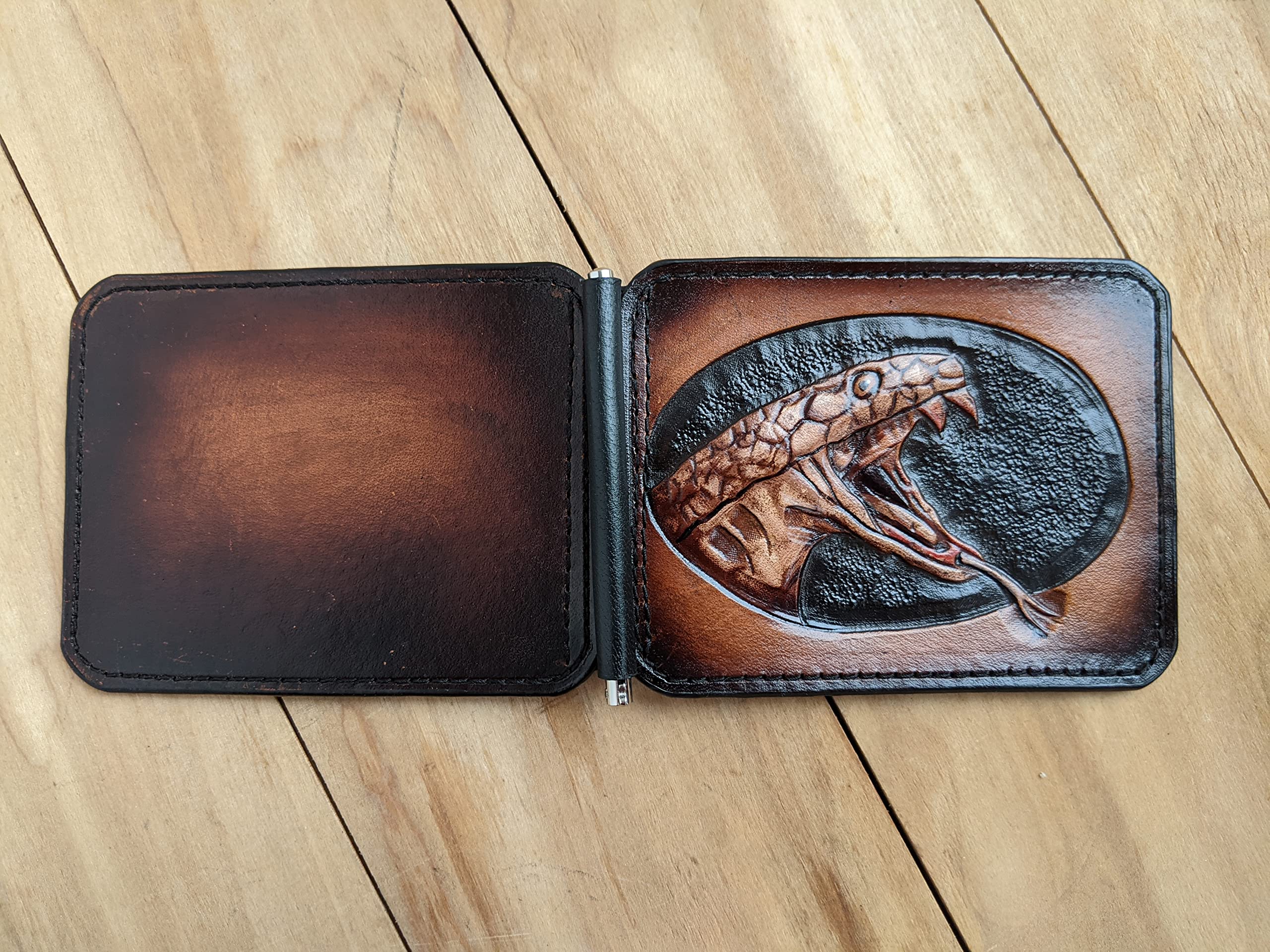 3D Genuine Leather Men's Wallet - Handmade Cobra Snake Python Anaconda Carved Tooled Design with Money Clip | Custom Personalized Airbrush Art Wallet for Everyday Use & Gift Giving