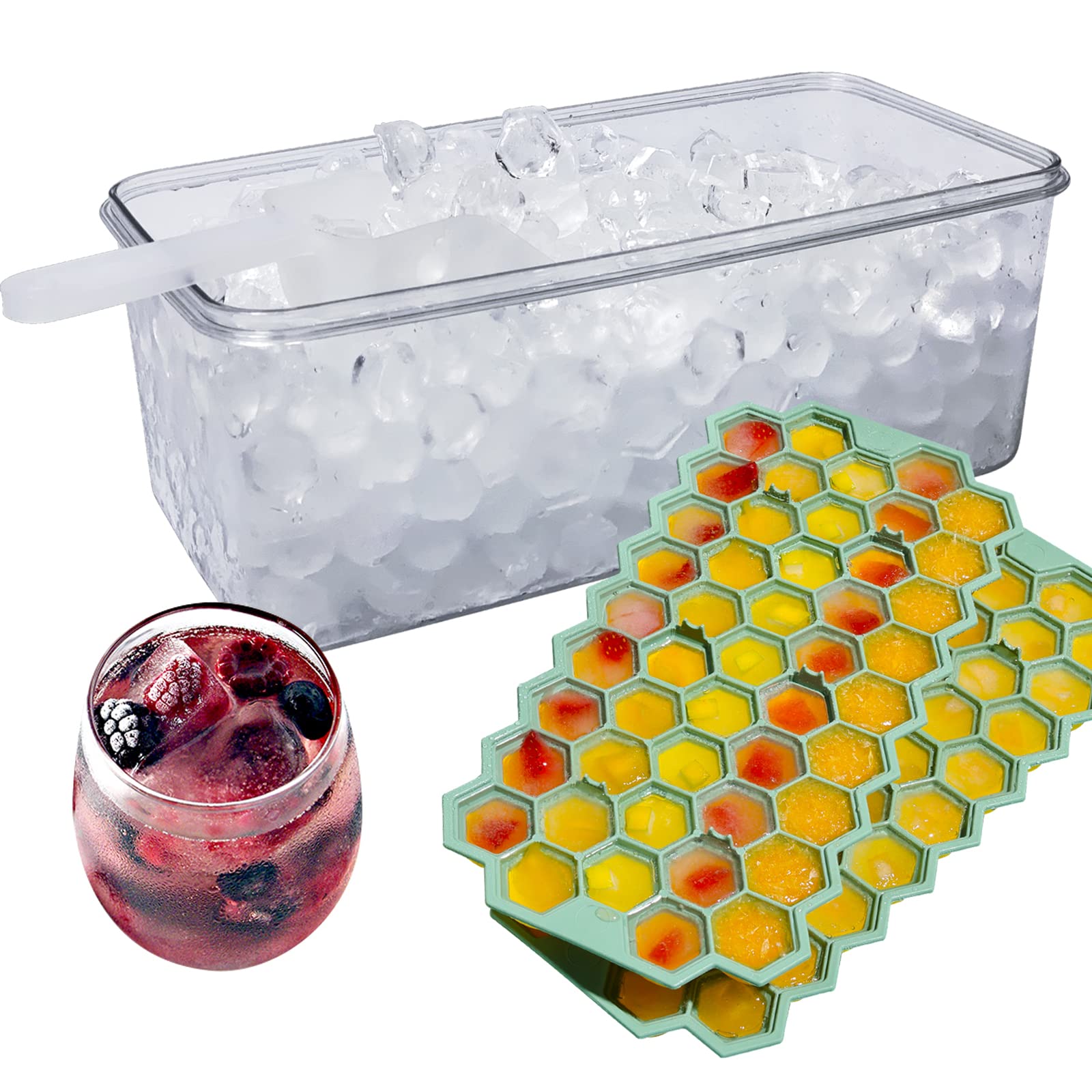 Siuhaau 3-Pack Ice Cube Trays with Lids & Storage Bin - Food Grade TPE 141 Honeycomb 1