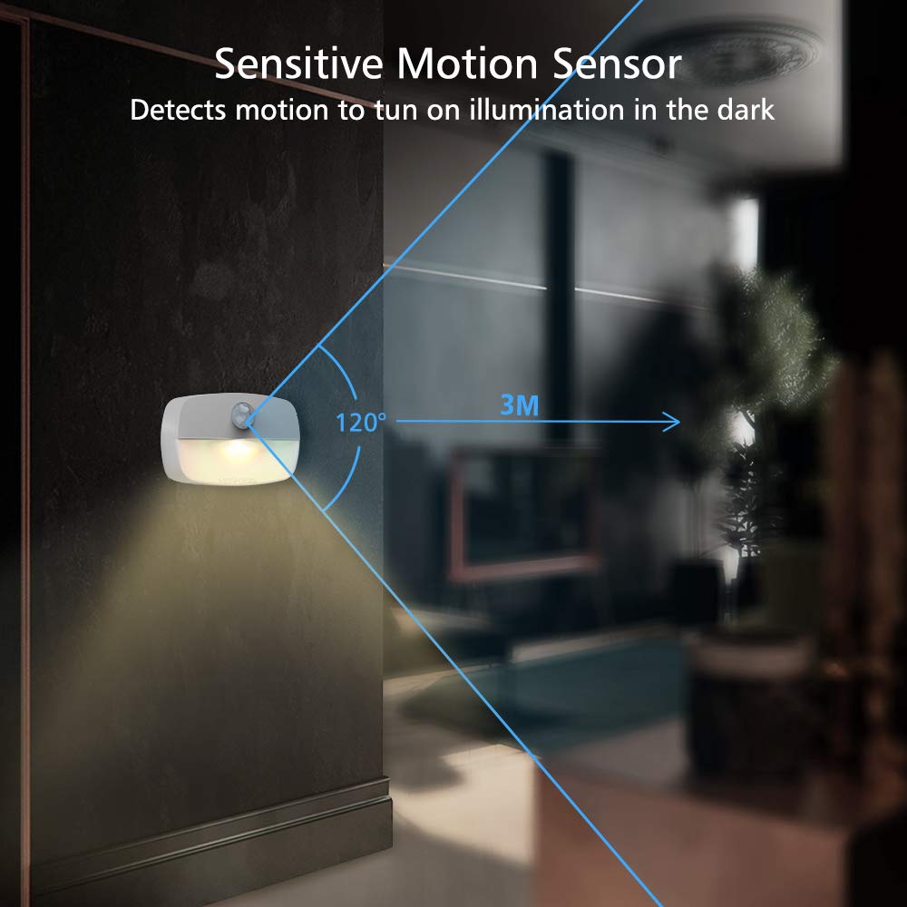 VESKYAO 3 Pack Motion Activated Night Lights - Battery Powered LED Stair Lights with Adhesive Pads, Warm White Sensor Light for Closet, Cabinet, Hallway, Bathroom & Bedroom - Perfect for Nighttime Safety & Convenience
