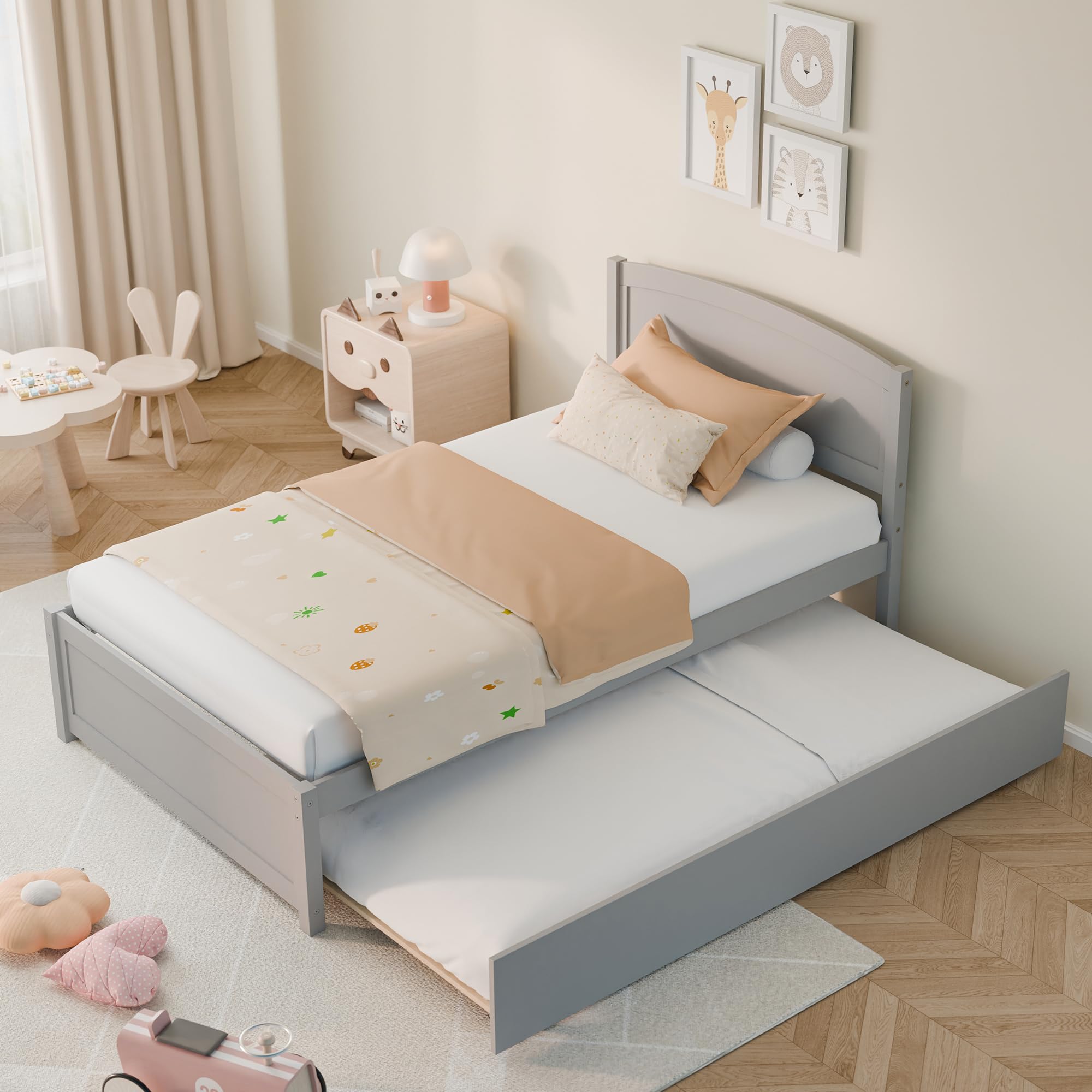 Solid Wood Twin Trundle Bed Frame with Headboard & Wooden Slats - No Box Spring Needed, Grey | Space-Saving Guest Bed, Kids Room, Small Apartments & Dorm Rooms