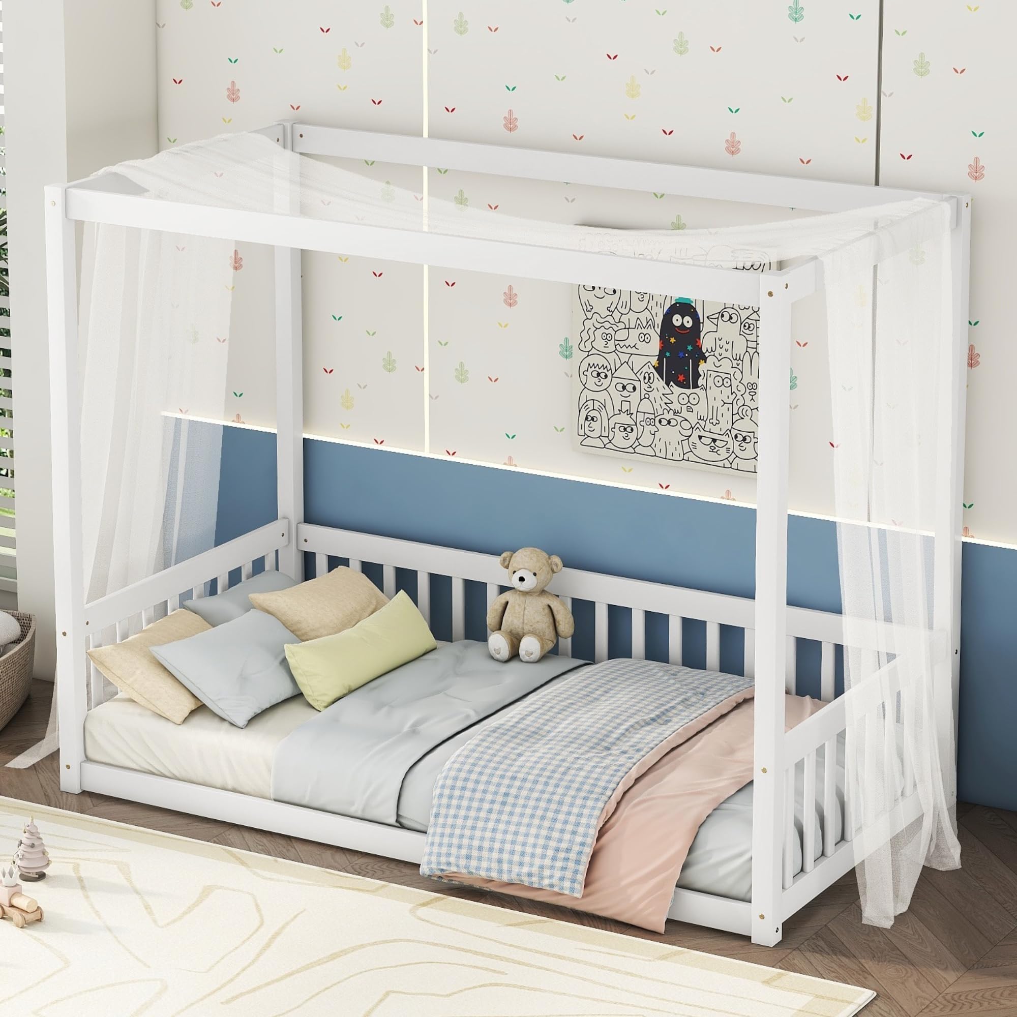 Twin Size Canopy Bed Frame with Guardrails for Kids - Wooden Four Poster Montessori Floor Bed for Girls & Boys (White) - Perfect for Bedrooms, Playrooms & Montessori Learning Spaces