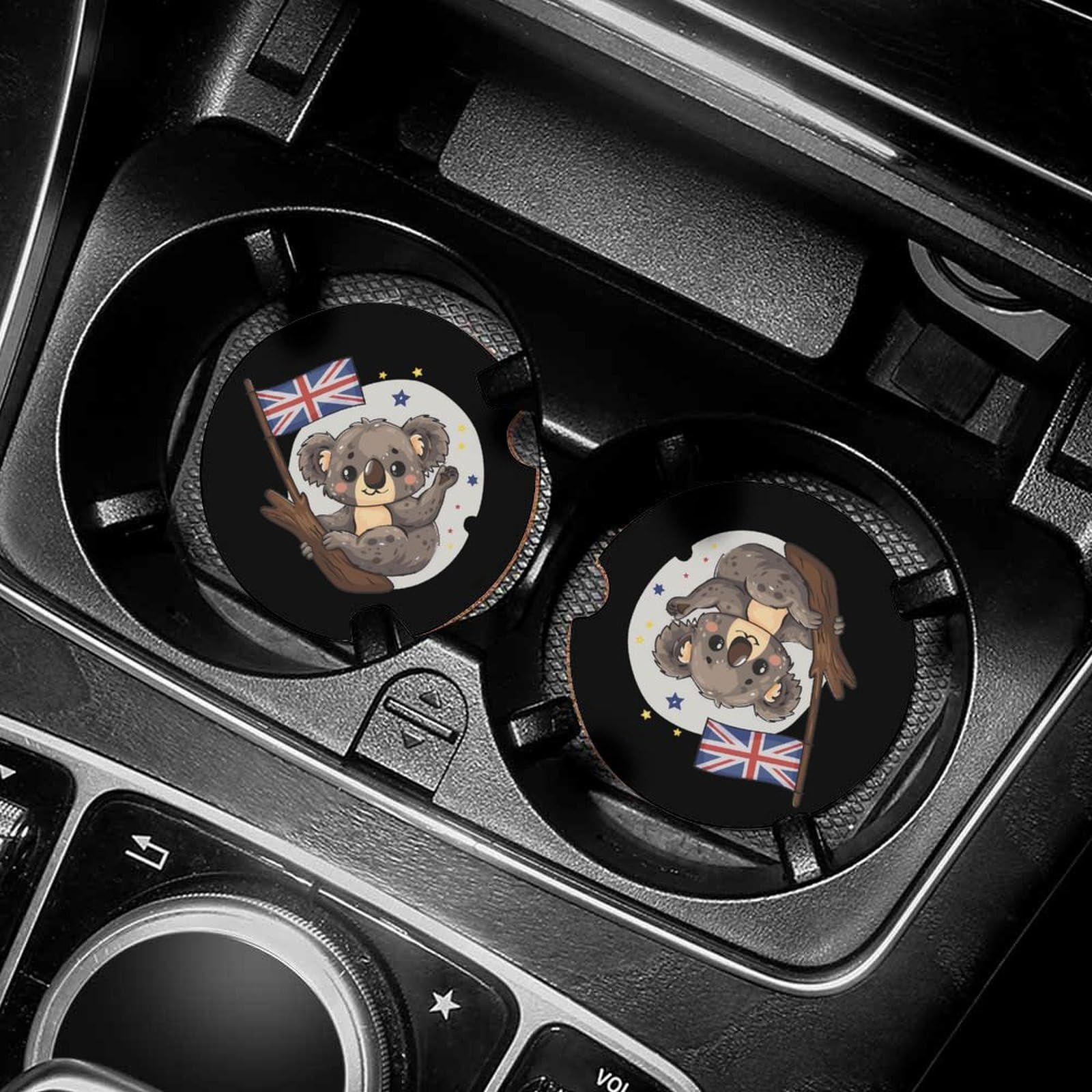 UK Flag Koala Bear Car Coasters for Cup Holders - 4PCS Cork Base Drink Coasters Set - Cute Auto Accessories for British Theme Cars, Gifts & Home Decor
