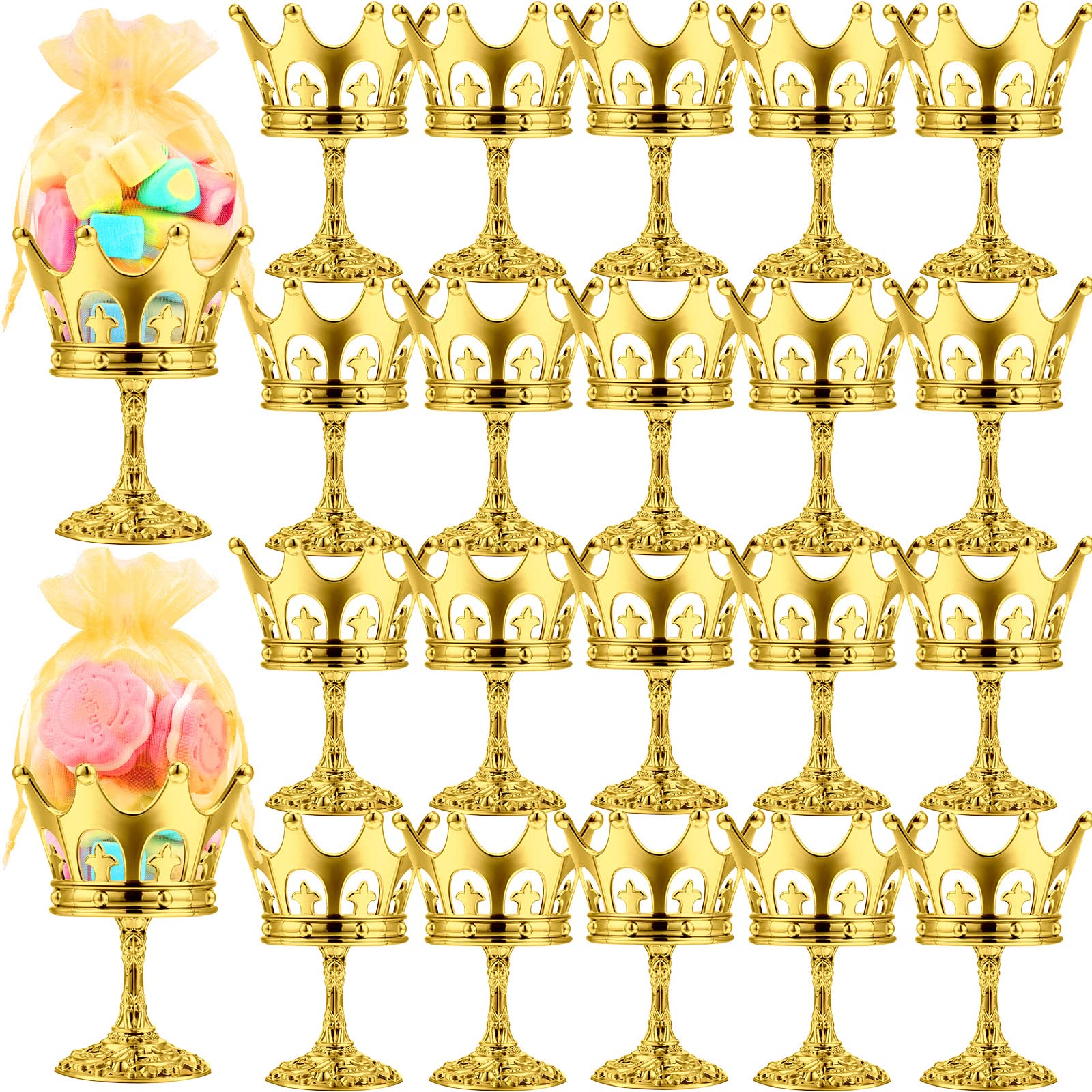 30-Piece Gold Fillable Crown Goblet with Pouch - Elegant Candy Box Container for Wedding Party Favors, Baby Showers & Birthday Celebrations - Perfect for Chocolate, Cake & Dessert Displays