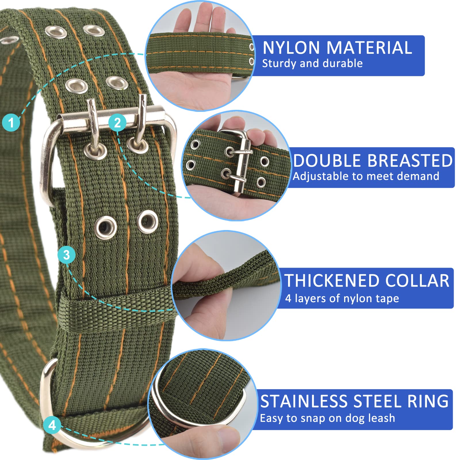 Military Adjustable Dog Collar - 2'' Wide Heavy Duty Nylon Tactical Collar with D-Ring & Buckle for Large Dogs - Perfect for Outdoor Training, Hiking & Security Work