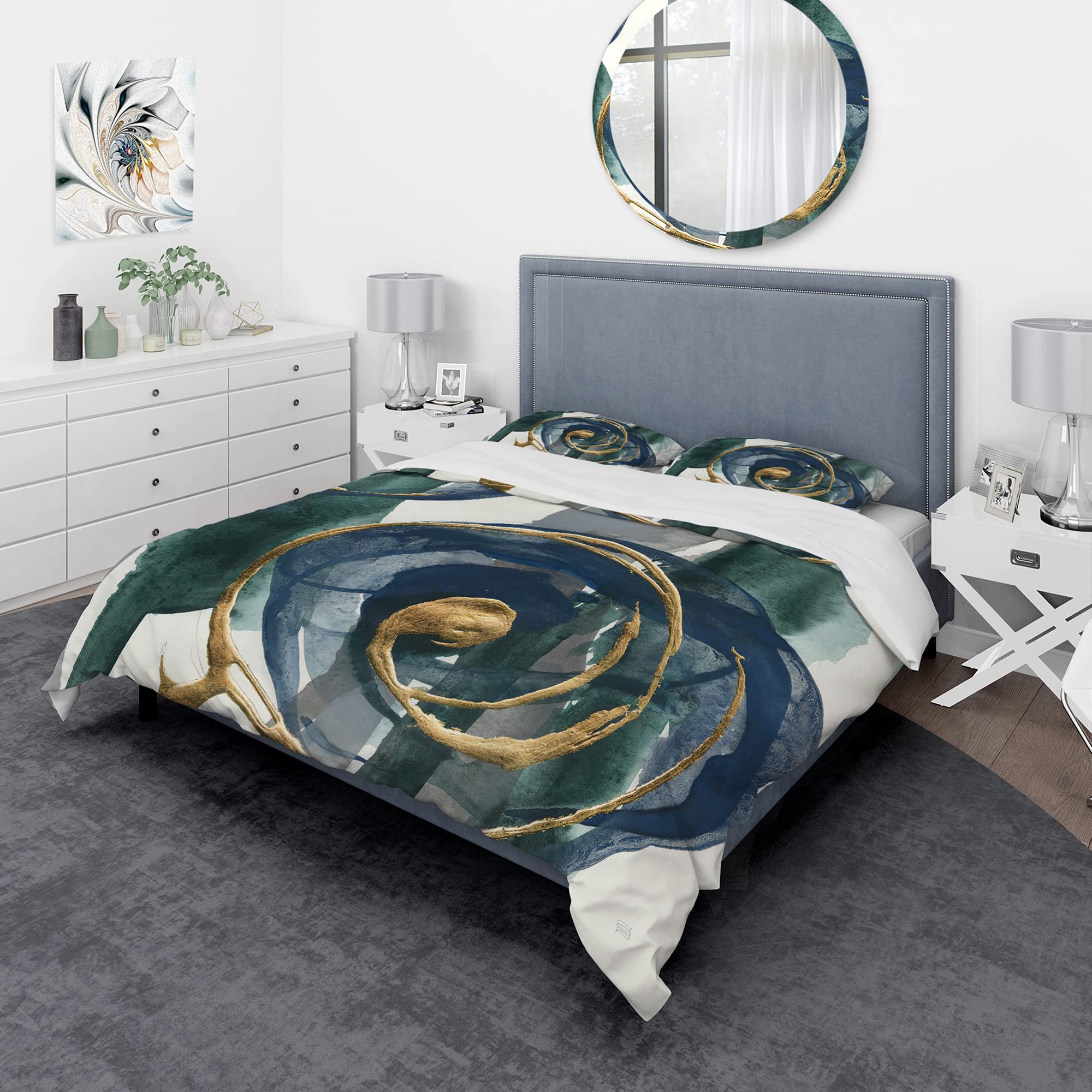 Modern Metallic Indigo & Gold Duvet Cover Set King - Abstract Bedding for All Seasons