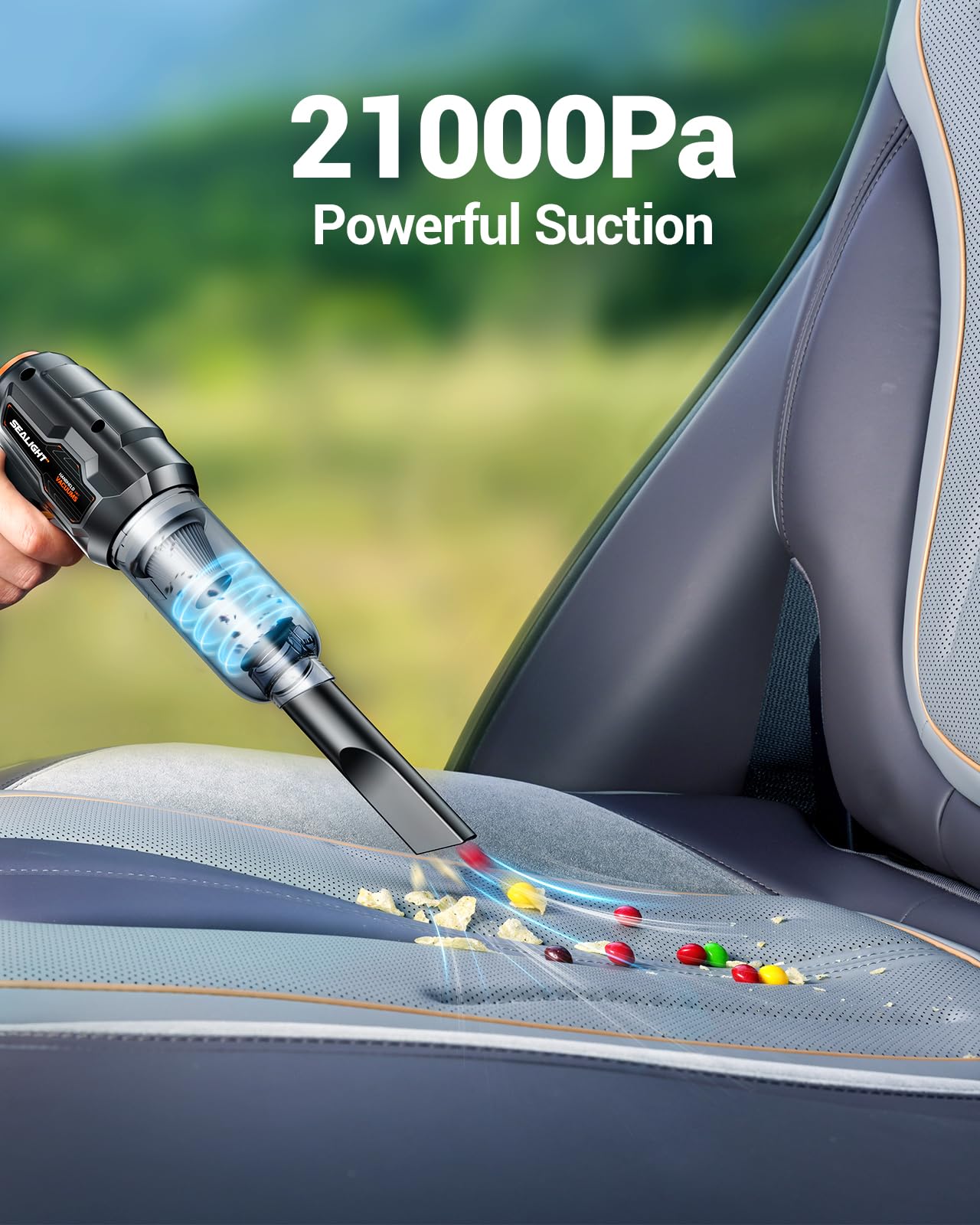 SEALIGHT 21000Pa High Power Cordless Car Vacuum Cleaner - 18V/120W Handheld Vacuum with 2 Long-Lasting Batteries for Car, Home, and Pet Hair Cleaning | Perfect for Car Detailing, Upholstery, and Small Spaces