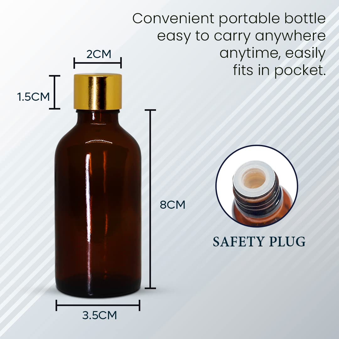 NSB Herbals 50ml Amber Round Empty Glass Bottle with Gold Seal Cap & Safety Plug - Refillable, Leak Proof for Essential Oils, Perfumes, DIY Beauty Products (Pack of 3) - Perfect for Aromatherapy, Travel & Home Storage