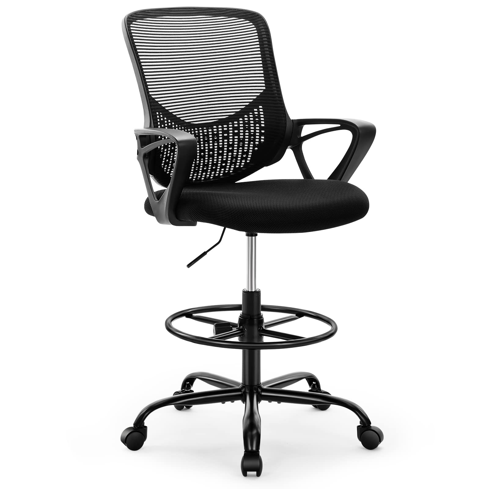 OLIXIS Adjustable Drafting Chair - Tall Office Chair for Standing Desk, Ergonomic High Work Stool with Foot Ring, Counter Height Chair for Artists & Architects (Charcoal Black) - Perfect for Home Office, Studio & Drafting Tables