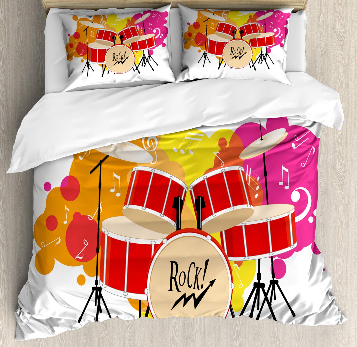 Ambesonne Drums Duvet Cover Set - Vibrant Music Themed 3-Piece King Size Bedding with 2 Pillow Shams | Colorful Ornamental Digital Print for Modern Bedroom Decor | Perfect for Musicians, Drummers & Music Lovers