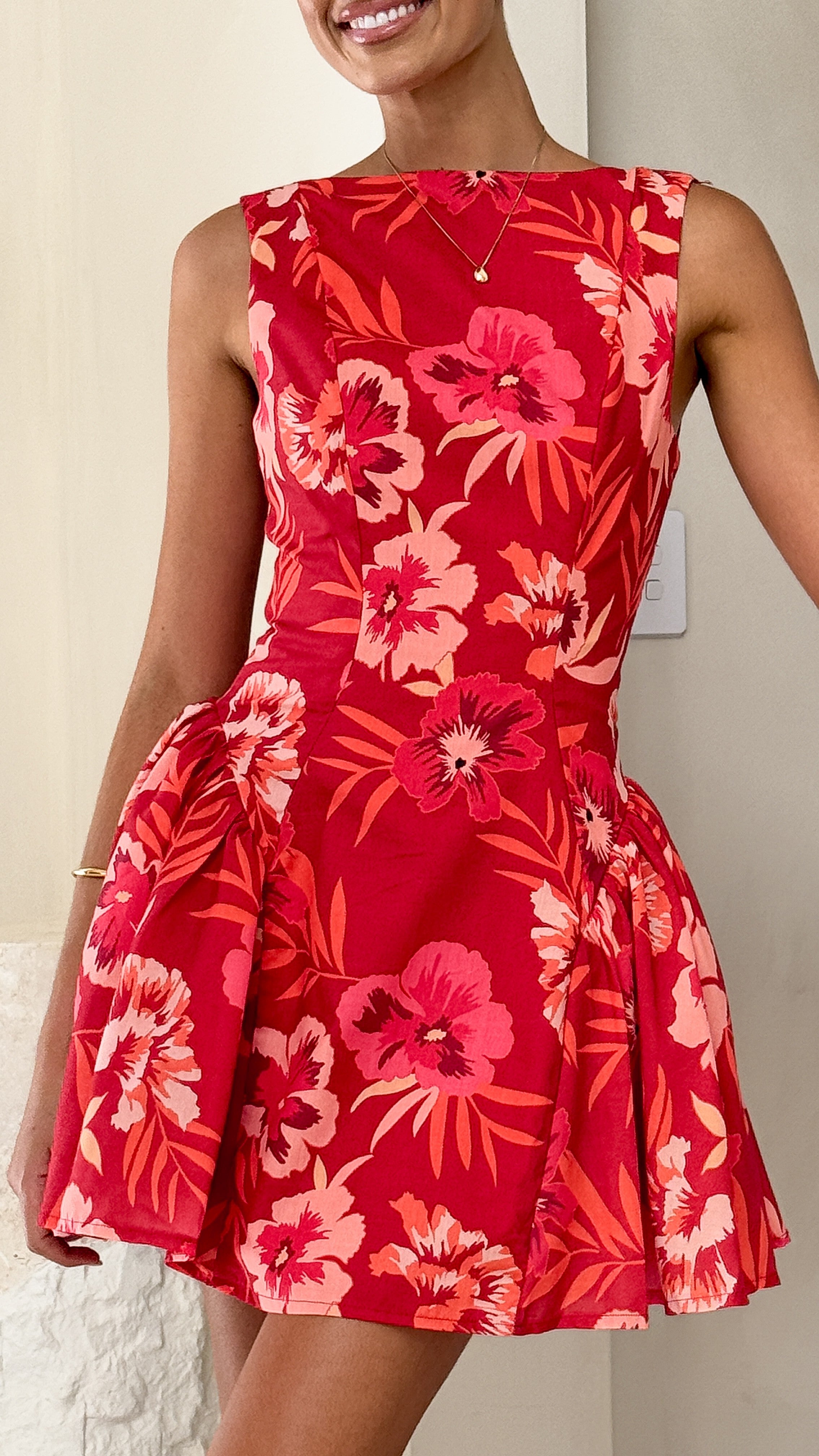 Canika Mini Dress - Red Floral Print Summer Dress for Women | Casual & Party Wear | Perfect for Beach, Vacation & Date Nights