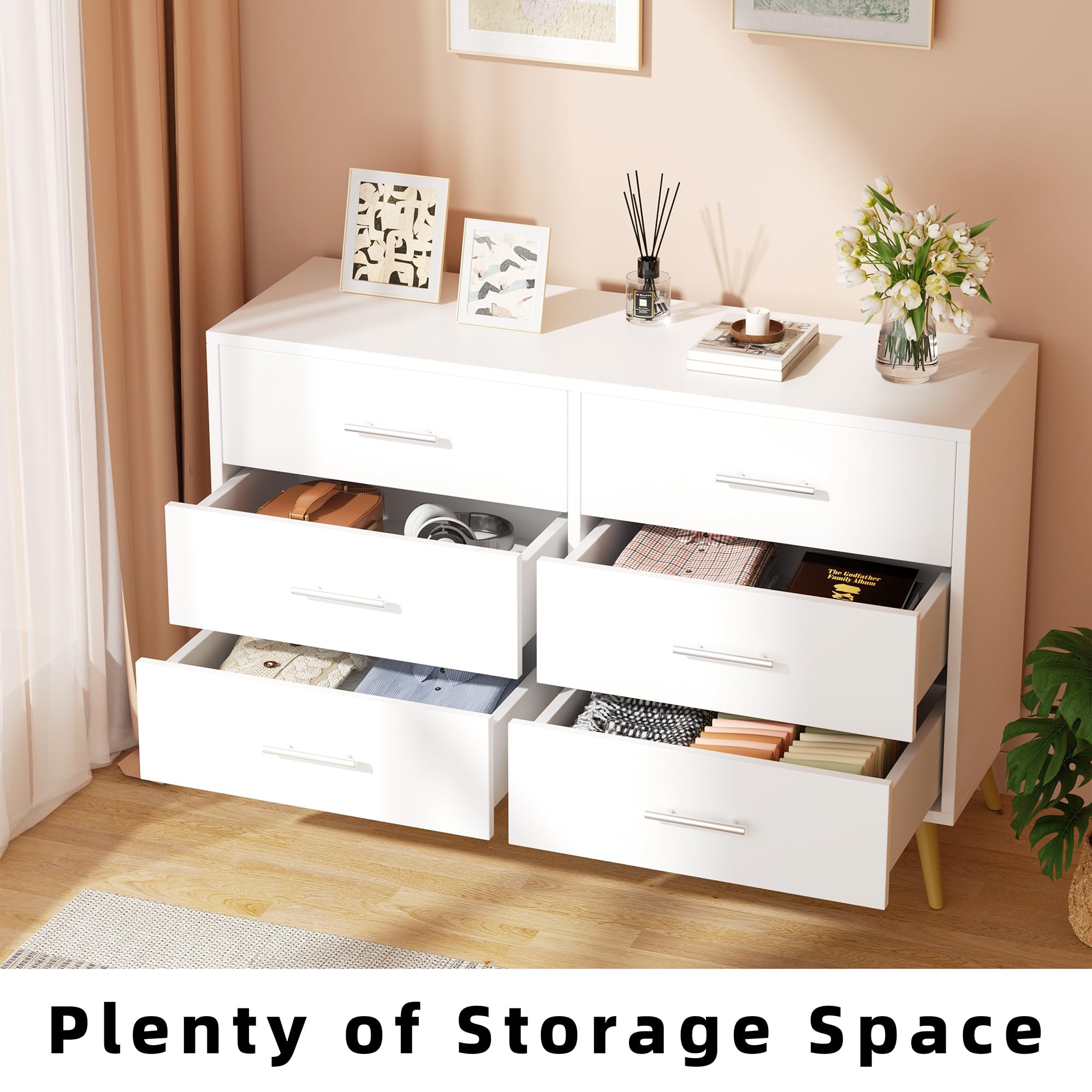 Shintenchi 6-Drawer Dresser - Modern White Storage Cabinet with Wide Chest of Drawers for Bedroom, Living Room & Porch | Spacious Organizer for Clothes, Toys & Home Essentials