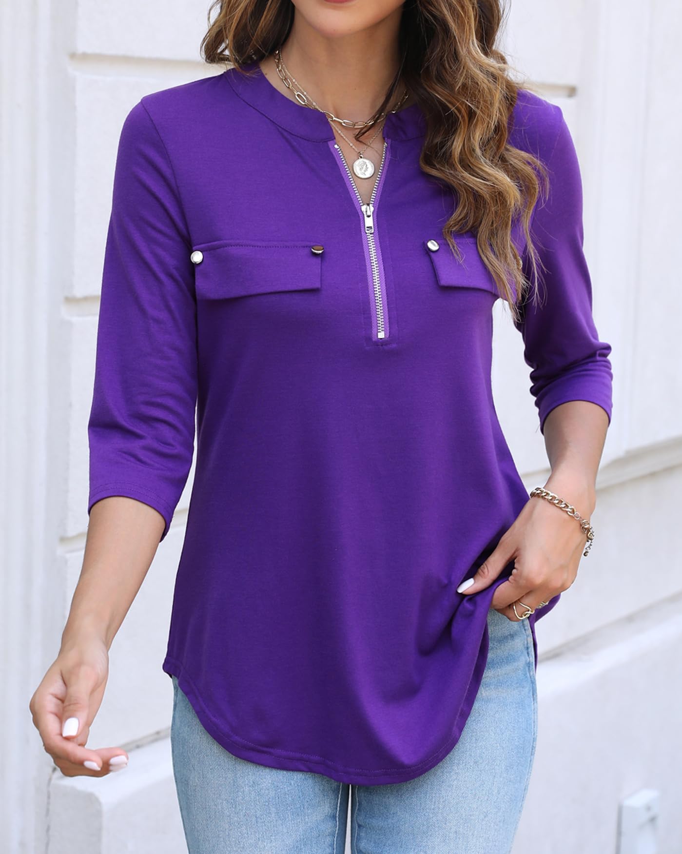 Halife Women's 3/4 Sleeve V-Neck Flowy Tunic Blouse with Zipper Details - Stylish Work Tops & Casual Shirts for Office, Date Night & Weekend Outings