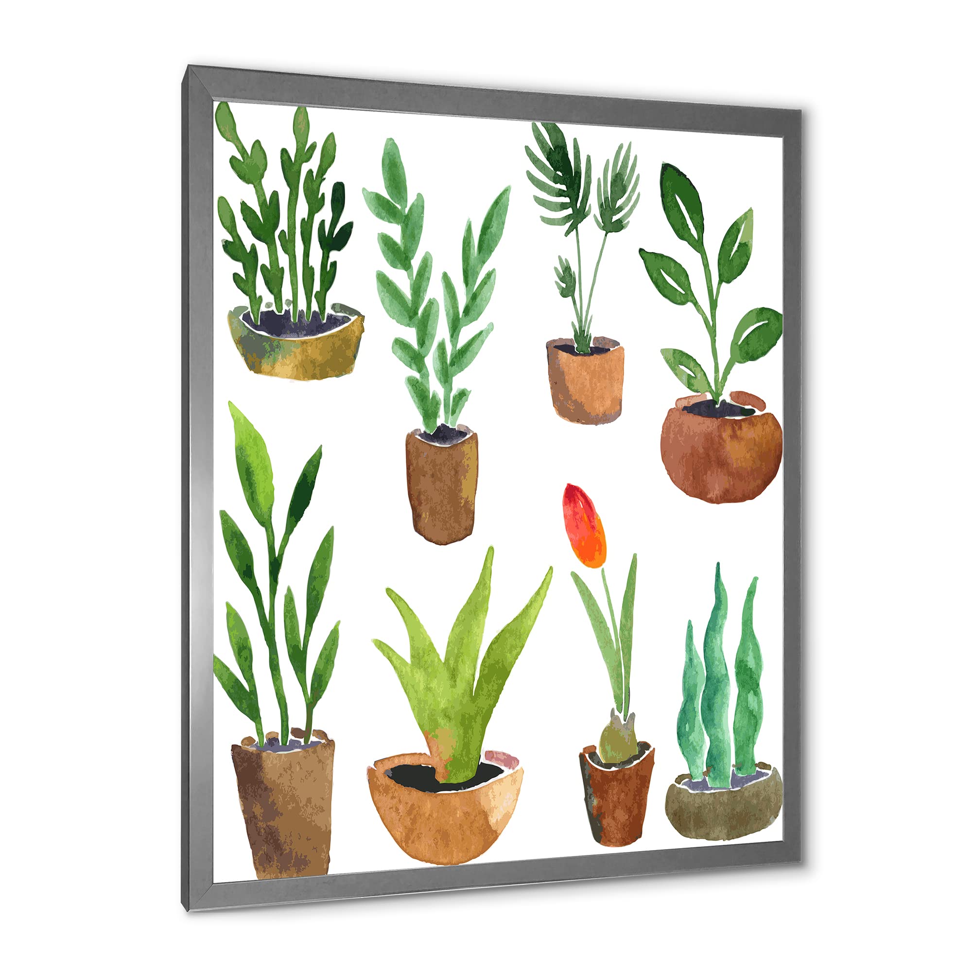 Eight Potted House Plants Traditional Framed Wall Art - Botanical Home Decor for Living Room, Bedroom & Office