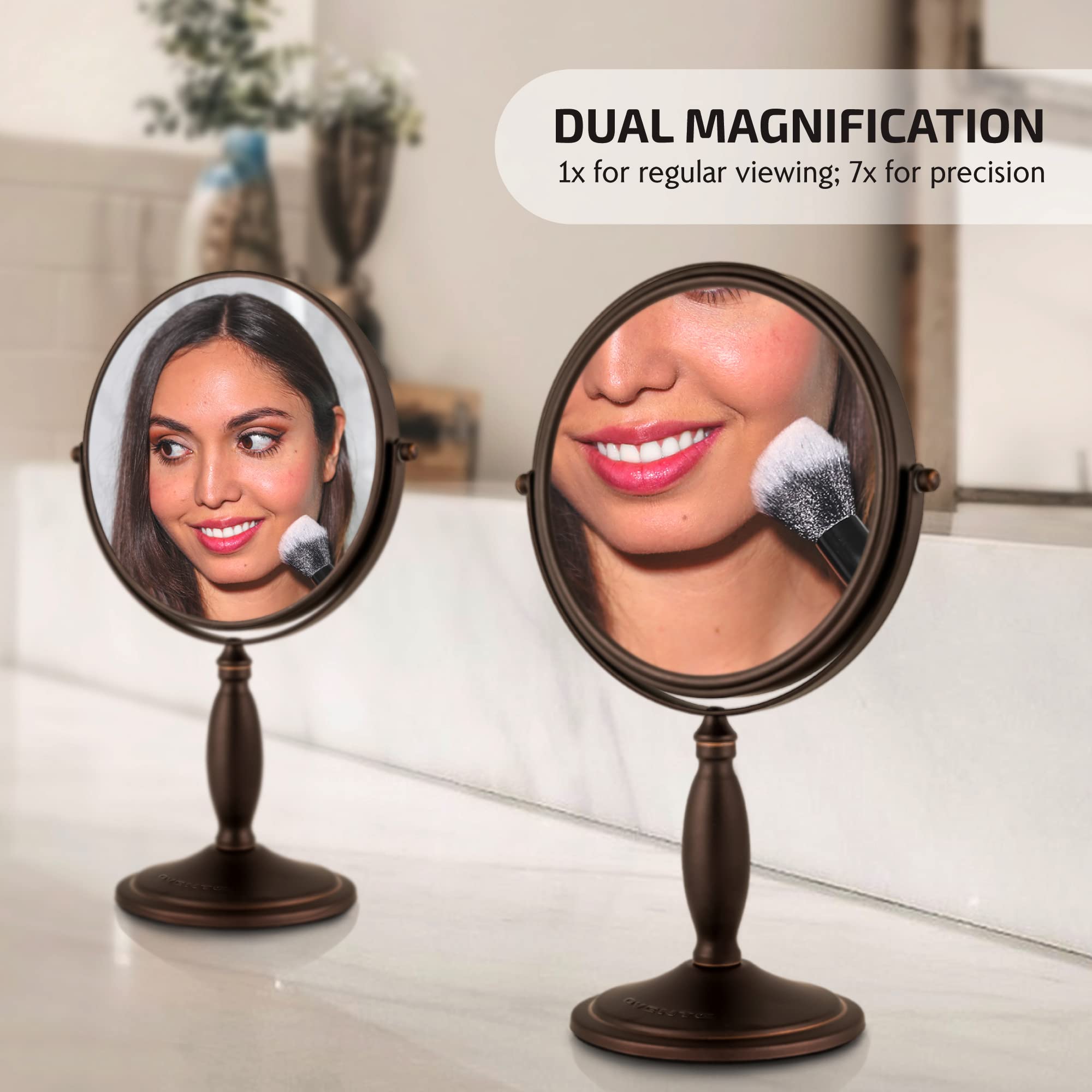 OVENTE 8-Inch Double-Sided Vanity Mirror with 1X/7X Magnification, 360° Swivel Stand - Antique Bronze Makeup Mirror for Dresser, Bedroom & Office Desk | Perfect for Applying Makeup, Skincare & Grooming