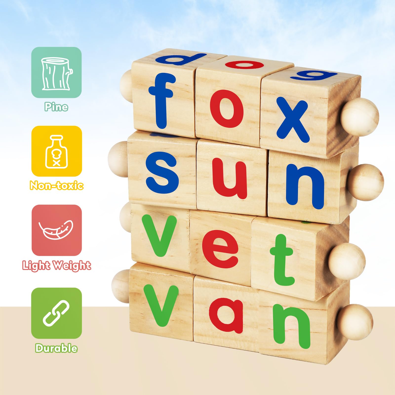 Montessori Wooden Reading Blocks & Flash Card Games - Educational Learning Toys for Kids Ages 3-5, Preschool Kindergarten Activities, Alphabet Matching Rotating Letter Blocks (Perfect for Homeschooling & Early Childhood Development)