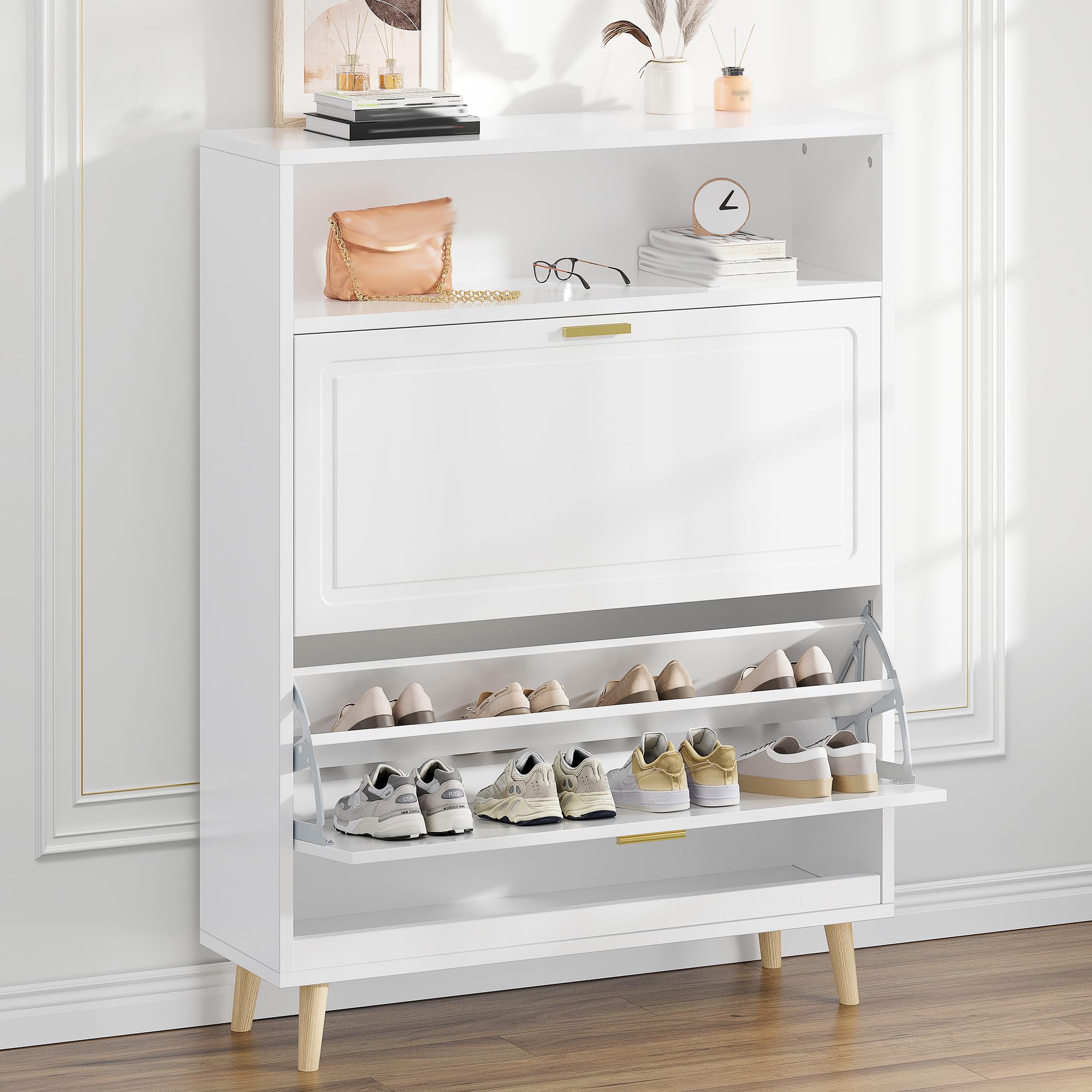 EnHomee Shoe Storage Cabinet with 2 Flip Drawers - White Entryway Organizer for Shoes, Boots & Accessories | Perfect for Hallway, Closet & Mudroom Organization