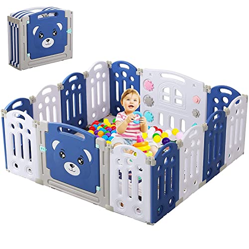 SURPCOS Baby Playpen - 14 Panel Foldable Play Yard with Mat, Safety Baby Fence & Gate for Infants & Toddlers | Large Play Area for Home, Nursery, Daycare | Blue & White Design