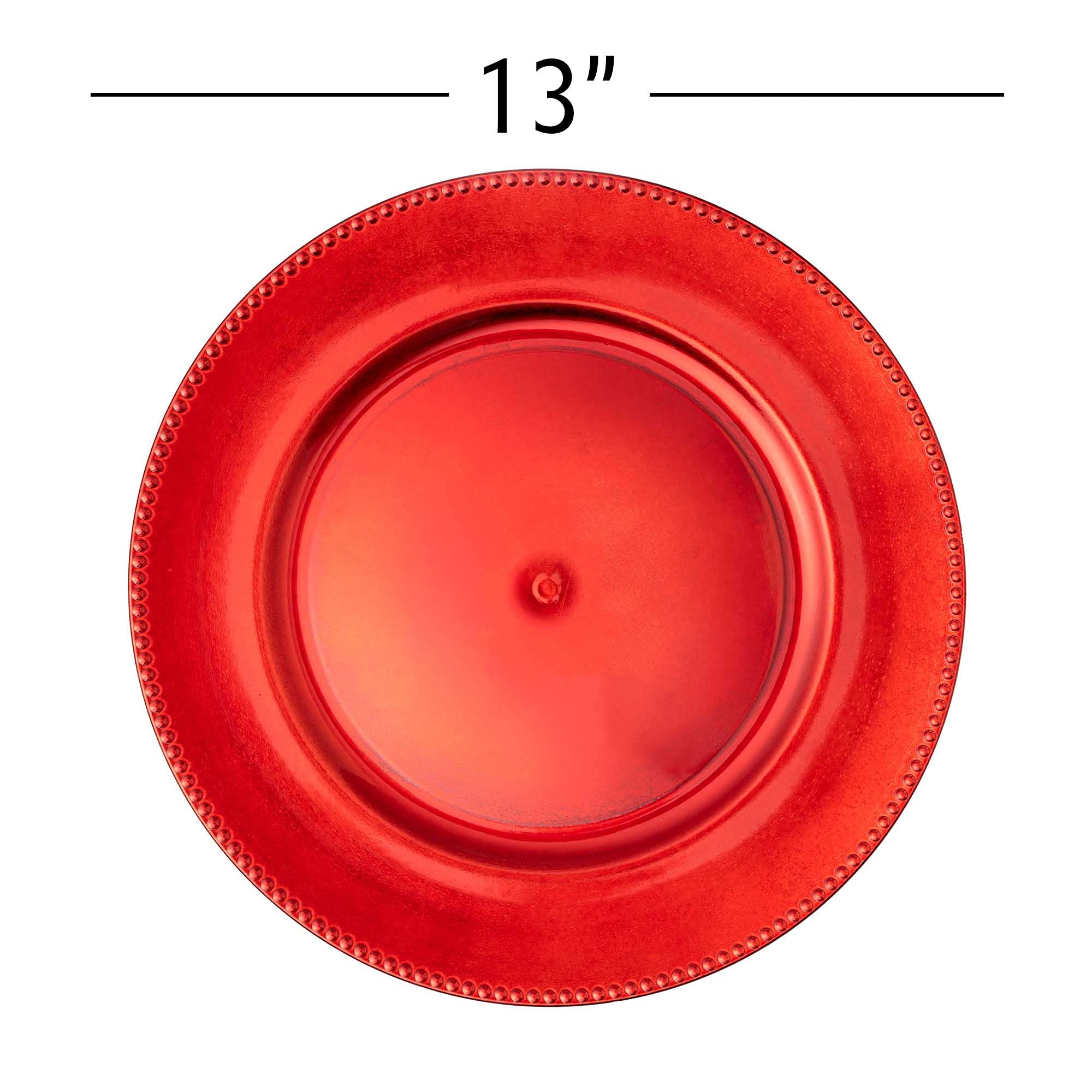 Elegant Beaded Edge Plastic Charger Plates - 13 Inch Red Glossy Dinner Plates for Weddings, Parties, Events - Set of 24 - Perfect for Quinceañeras, Banquets & Formal Dining Decor