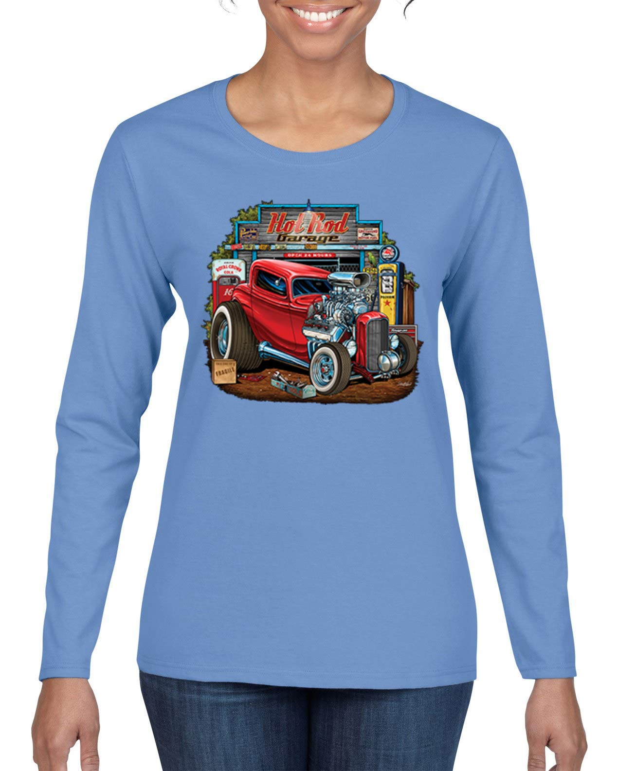 Vintage Hot Rod Old Garage Cars and Trucks Women's Graphic Long Sleeve T-Shirt - Retro Automotive Style for Casual Wear, Car Shows & Everyday Outfits