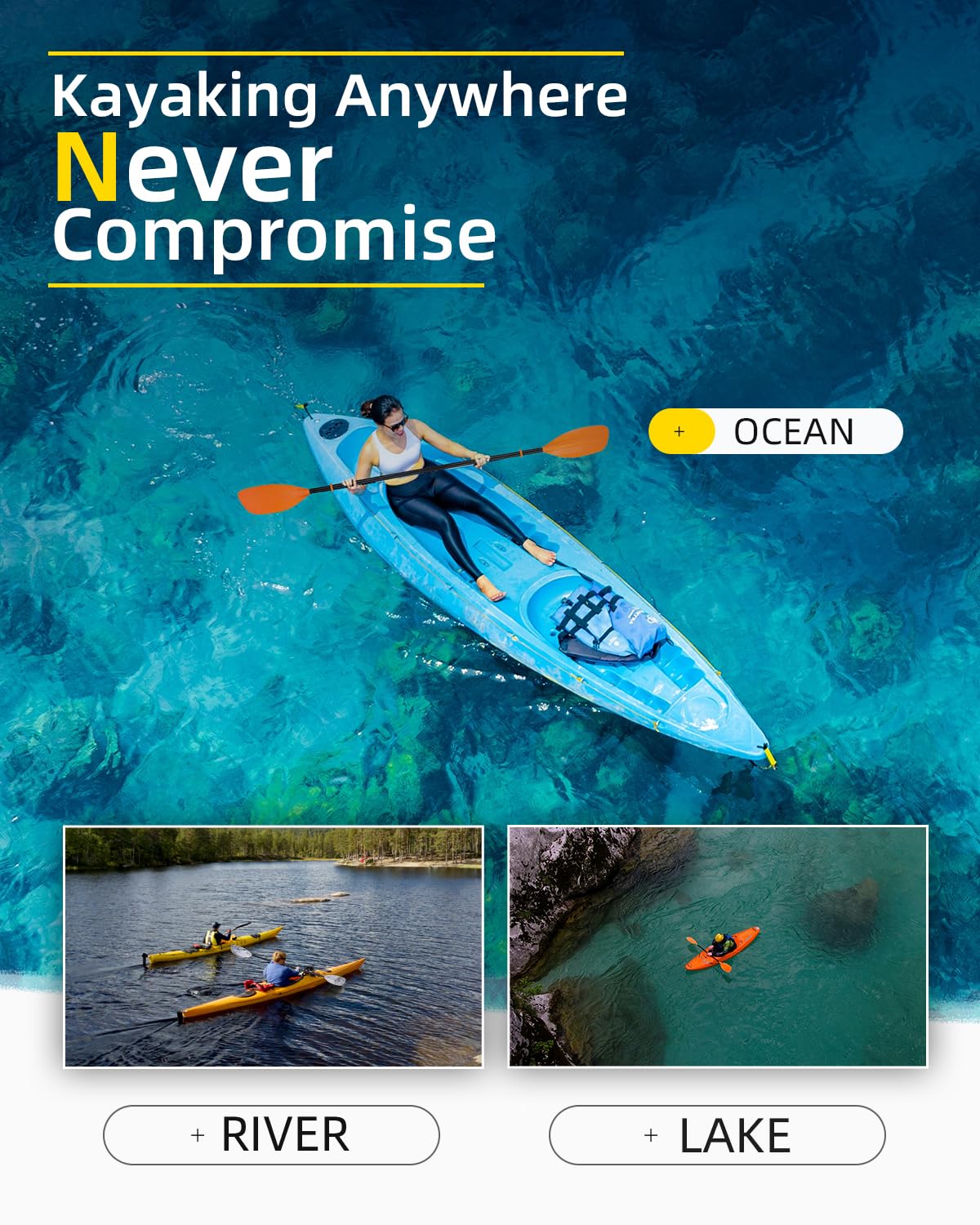 OCEANBROAD 2-Piece Aluminum Kayak Paddle 86in/218cm or 90.5in/230cm - Lightweight Floatable Canoe Oar for Kayaking, Canoeing & Boating - Perfect for Lakes, Rivers & Ocean Paddling Adventures