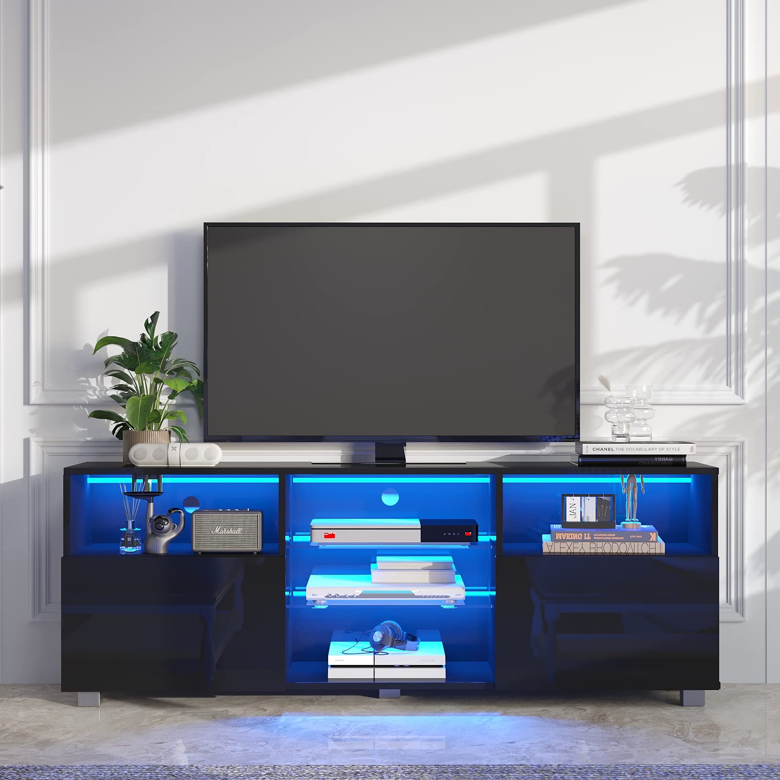 St.Mandyu 60-70 Inch LED TV Stand with Drawers & Ambient Lighting - Modern High Gloss Entertainment Center for Living Room, Bedroom & Game Room - Black Media Console for Smart TVs & Home Theater Setup
