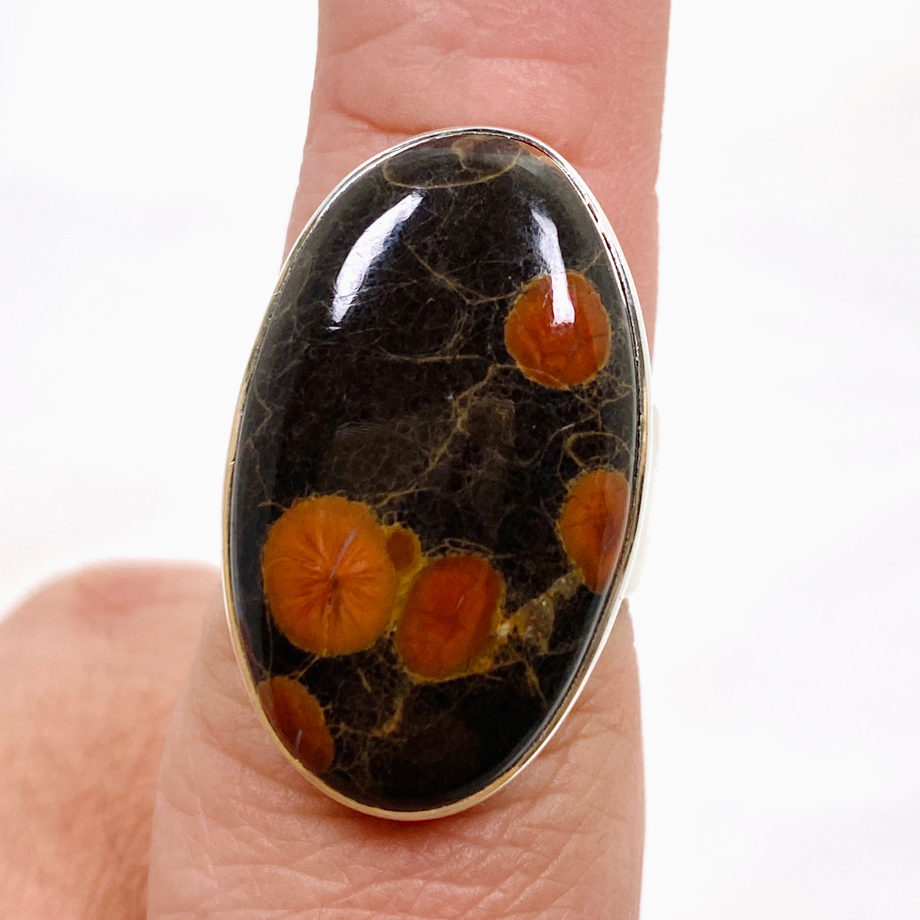 Natural Peanut Obsidian Perlite Oval Cabochon Ring - Size 8 - KRGJ3347 - Perfect for Boho Jewelry, Healing Crystals & Spiritual Gifts