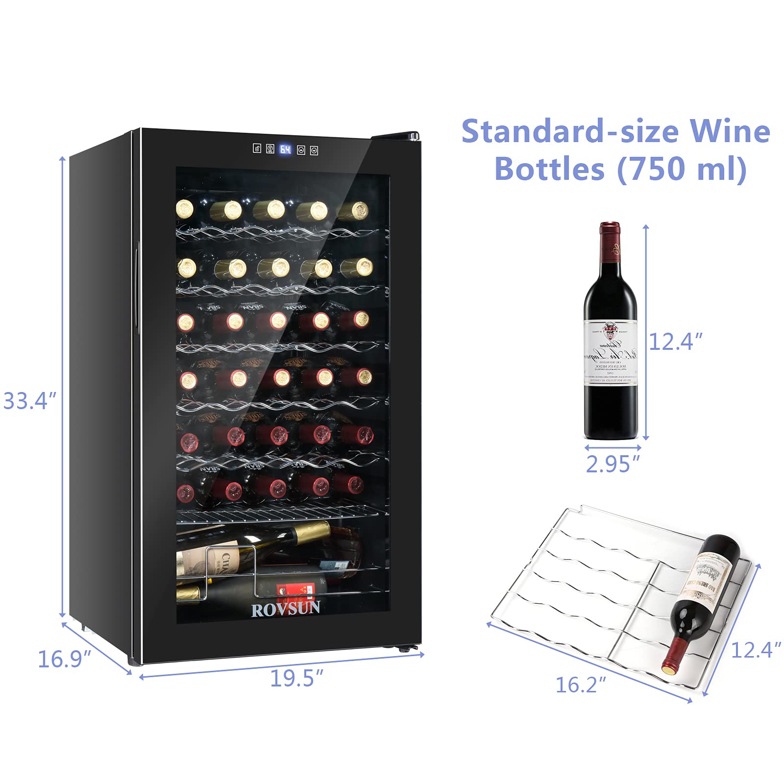 ROVSUN 34 Bottle Wine Cooler Refrigerator - Freestanding Compressor Wine Chiller with Digital Temperature Control & Double-Layer Glass Door - Perfect for Red Wine, White Wine, Champagne, and Beer Storage - Ideal for Home Bars, Restaurants, and Entertaining Guests