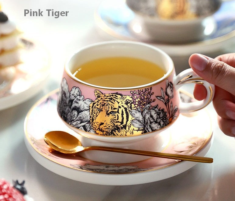 Handmade Ceramic Coffee Cups with Gold Trim - Jungle Tiger & Cheetah Print Porcelain Tea Cups with Saucers - Elegant Gift Box Included - Perfect for Home, Office & Cafe Use