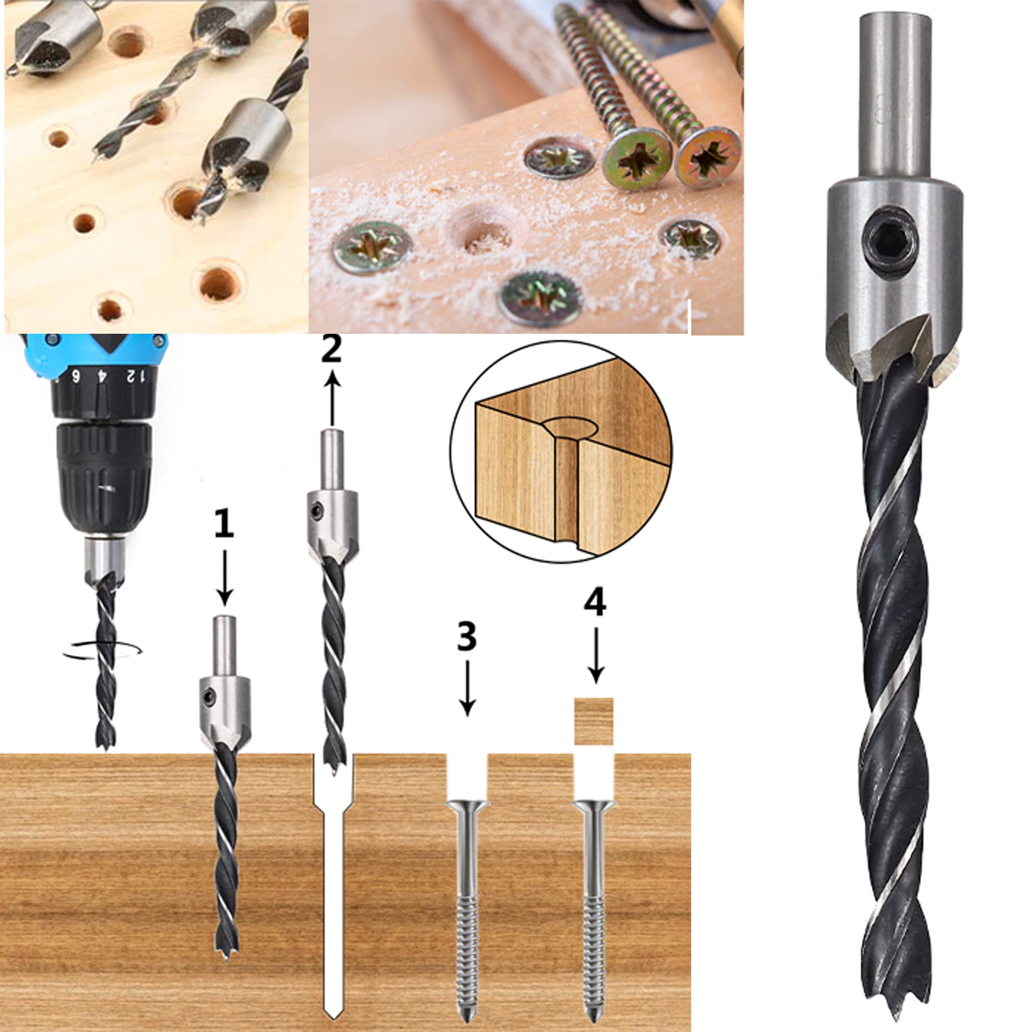 KEWAYO 7Pcs High-Speed Steel Countersink Drill Bit Set for Woodworking & Carpentry - Includes Free Hex Key Wrench - Perfect for DIY Projects, Furniture Making, and Cabinet Installation