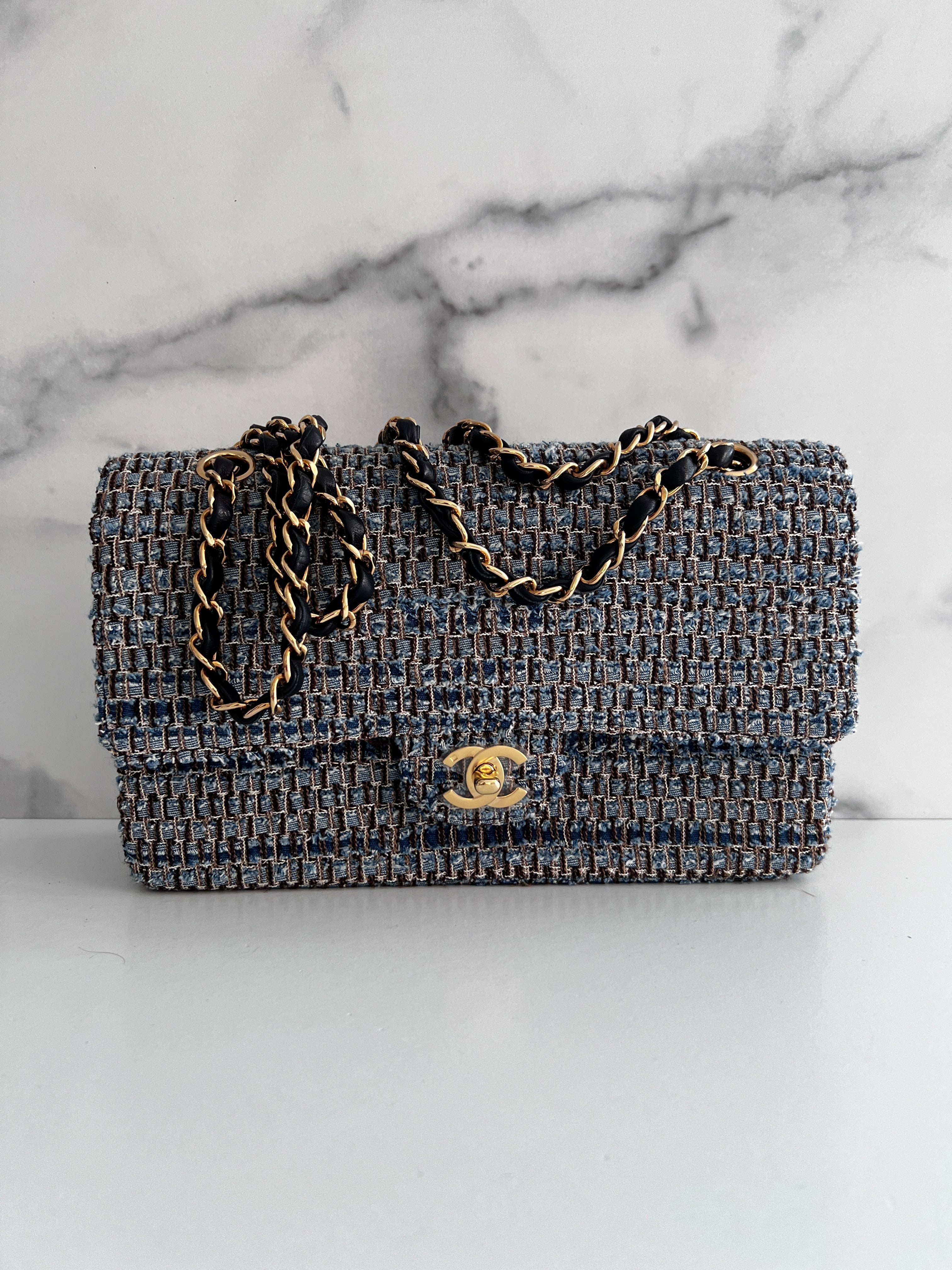 Vintage Chanel Medium Blue Tweed Double Flap Bag - Authentic Pre-Owned Luxury Handbag for Women | Perfect for Parties, Weddings & Special Occasions